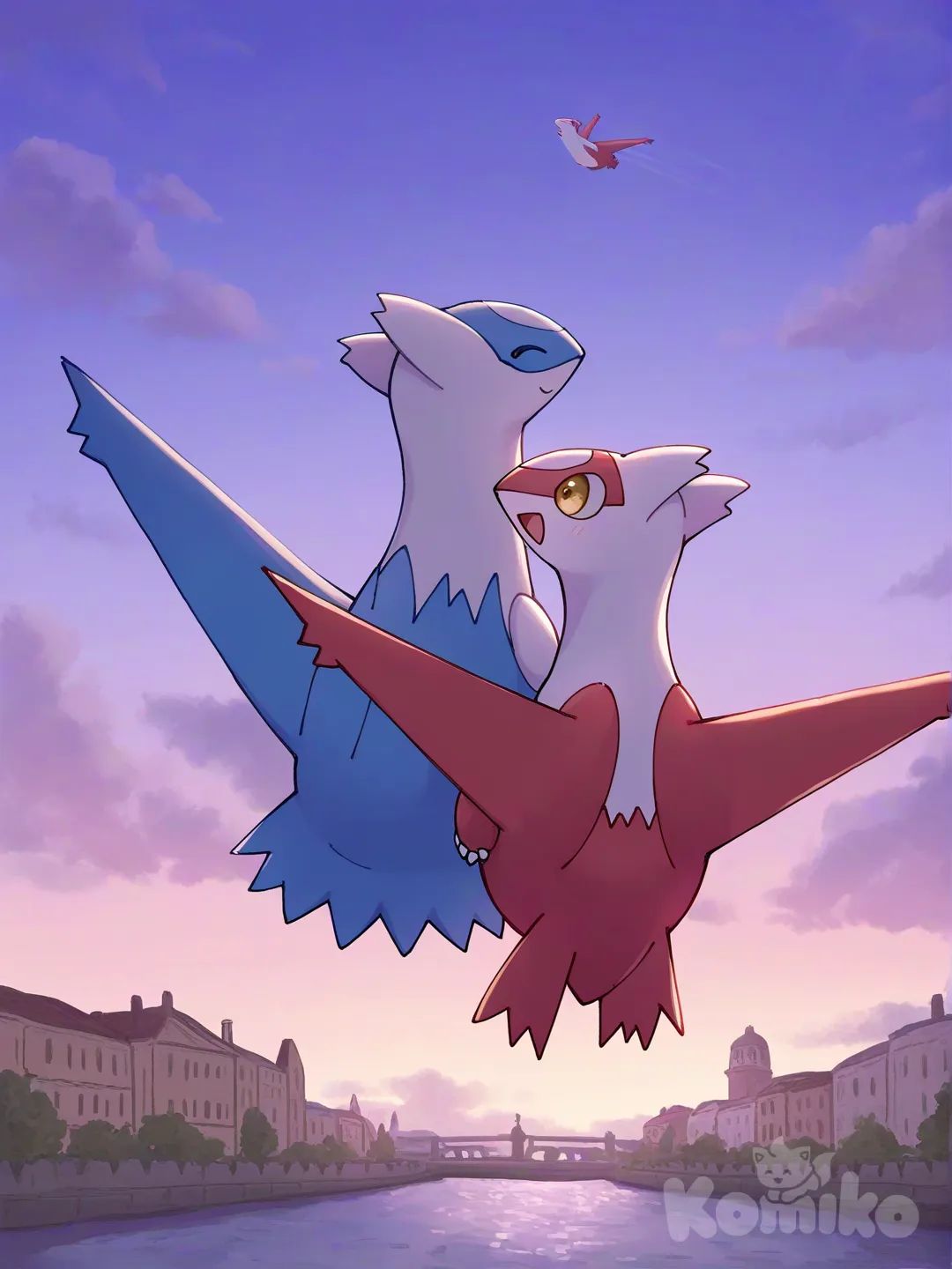 [pokemon-style], latios, latias, Flying together, the city of canals (Venice), smile, full body, closeup, twilight
