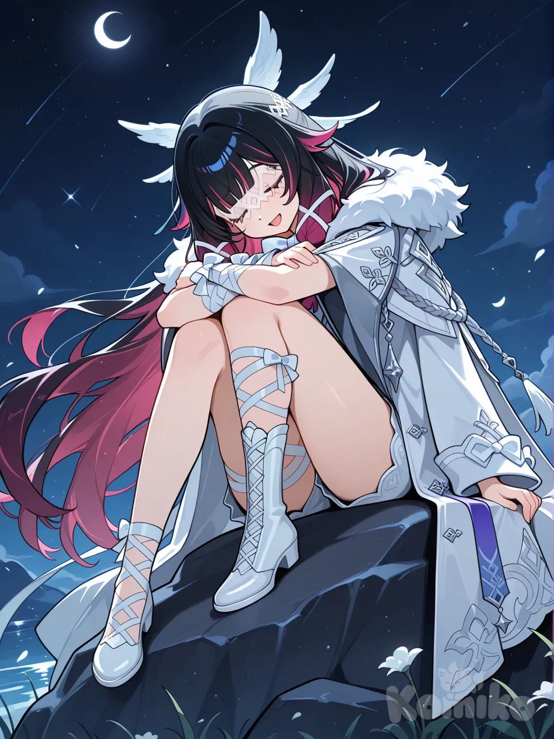 @Columbina_(Genshin_Impact), Sitting with only the left knee hugged to the chest, Sitting on a crescent-shaped rock,The full moon is in the background, moonlight, full body, panoramic lens, night, head tilt, smile, singing, depressed