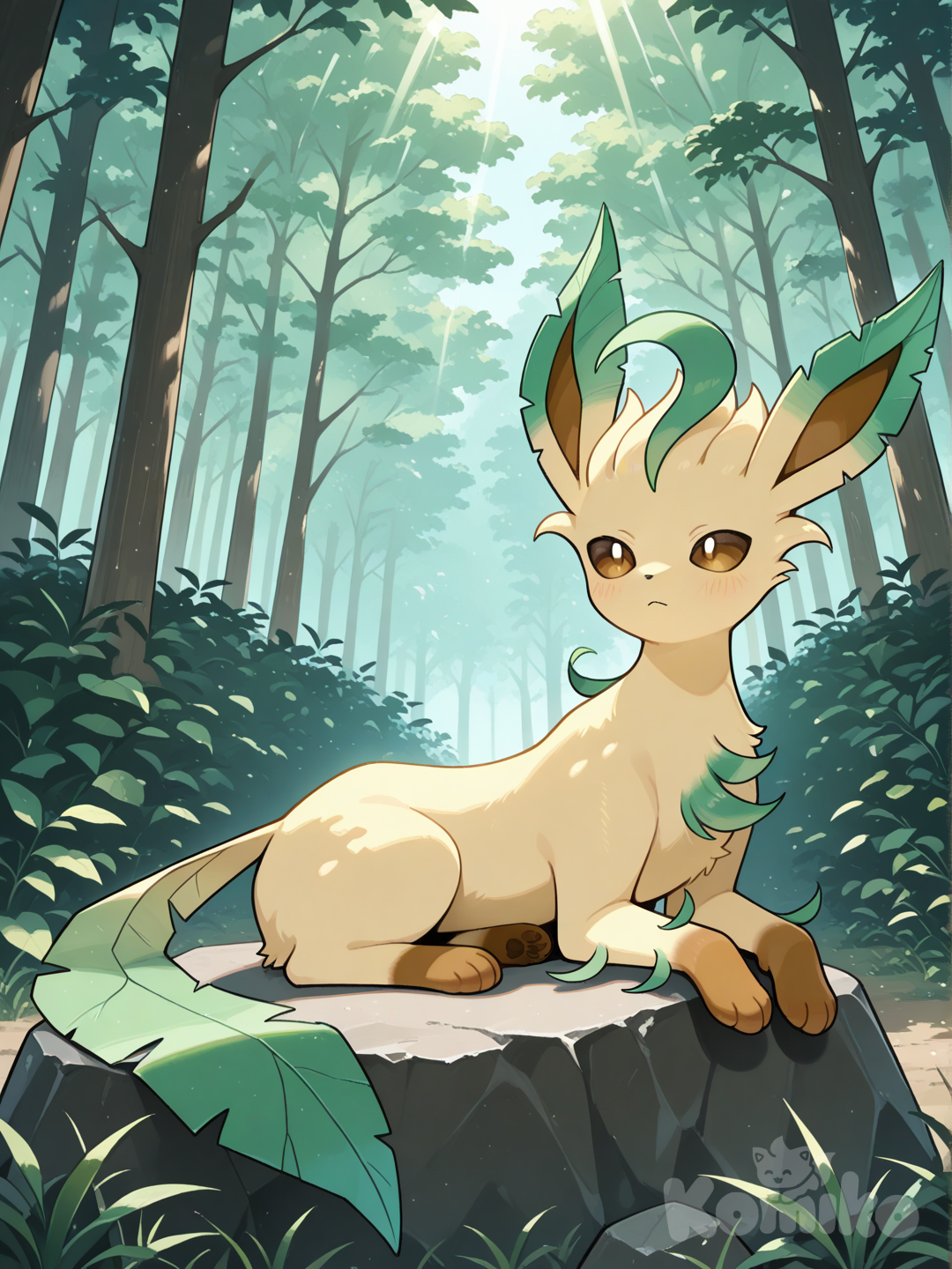 Lying on a large rock in the middle of the forest, sunbathing as sunlight streamed down.