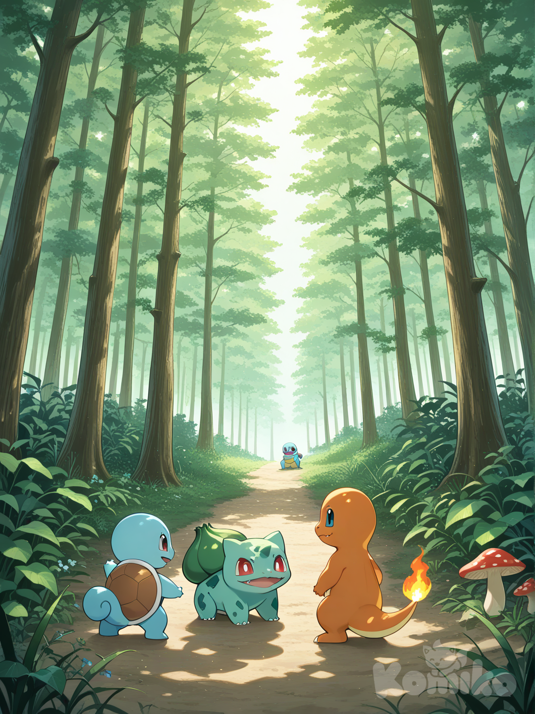 Bulbasaur, charmander, Squirtle , forest