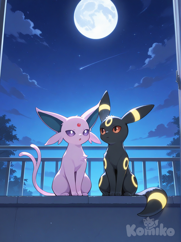 umbreon, espeon, They sat together, gazing at the moon. , On the balcony of the second floor of the house., night,big Full moon, headshot