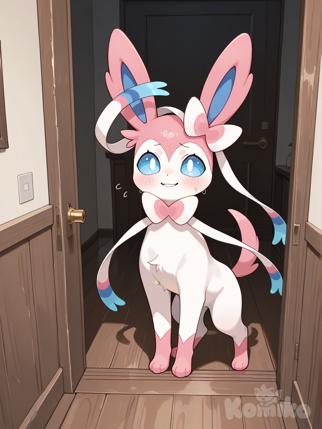 full body,Trying to open the bedroom door, smiling nervously, sweating, standing on two legs and using its front paws to grip the doorknob.,Sylveon, looking at viewer