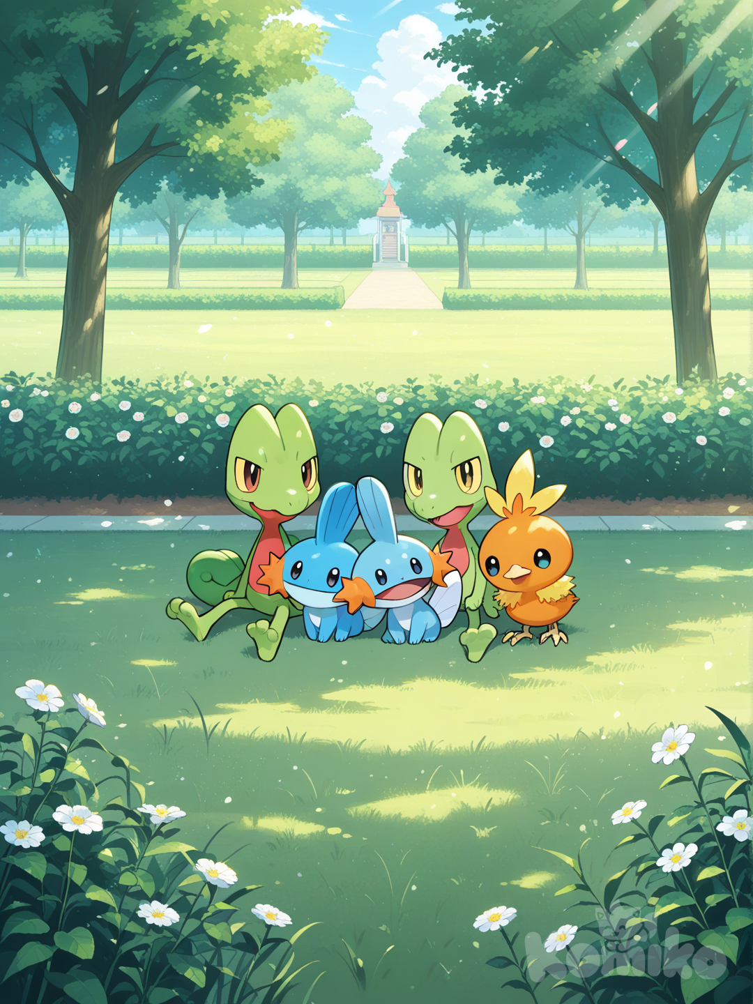 mudkip, @Torchic, Treecko, sitting side by side, field, garden, park