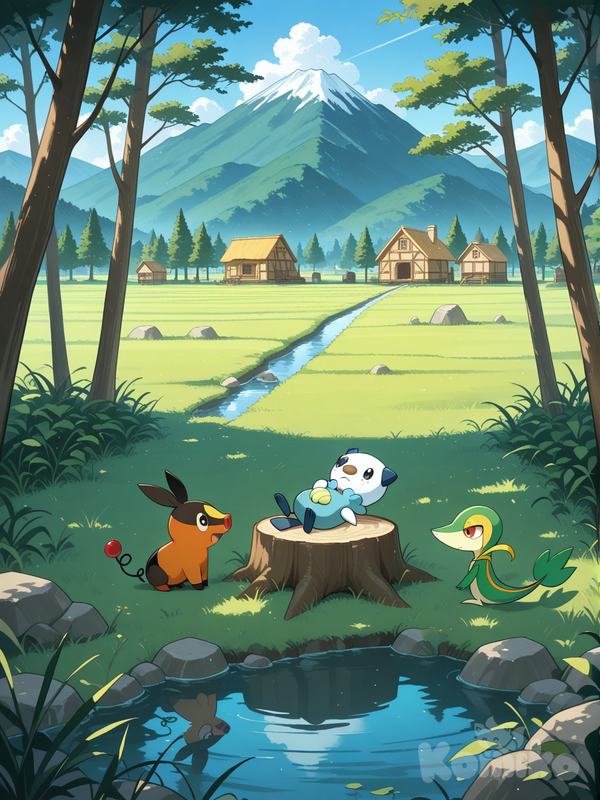 snivy, tepig, oshawott, mountain village, grassland, ruins,forest, full body