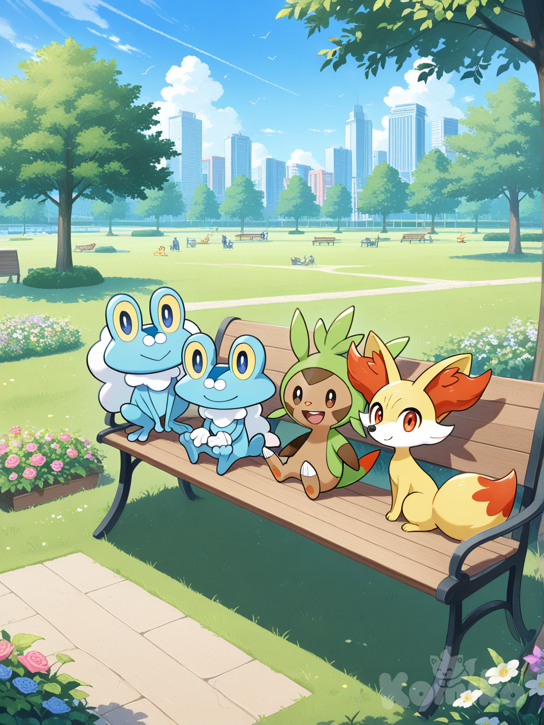 Chespin, fennekin, Froakie,city ,Let's relax in the garden.
