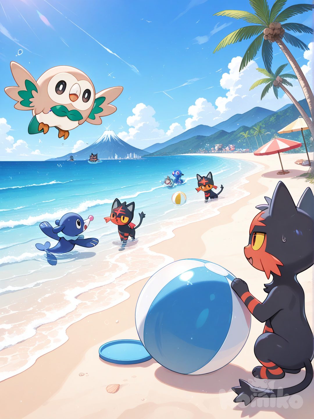 rowlet, litten, popplio, Beaches, islands, volcanoes,Playing with a beach ball.