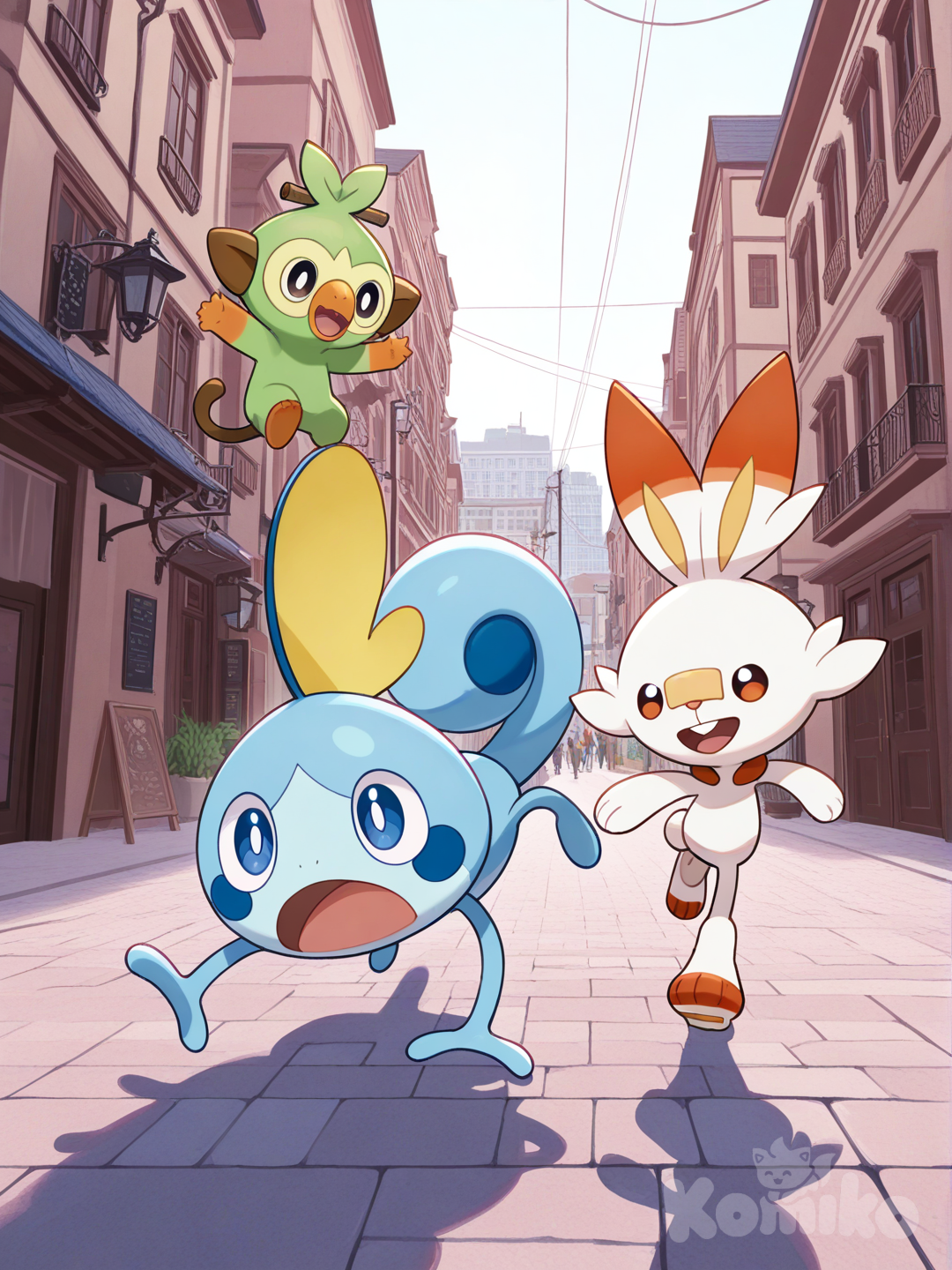 grookey, scorbunny, sobble,Running around and playing in the city.