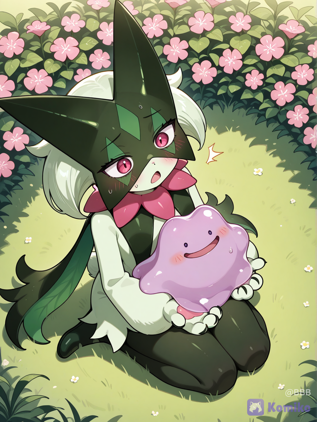 @Meowscarada, @Ditto, sitting on lap, shocked, blush, full body, from above, Front garden