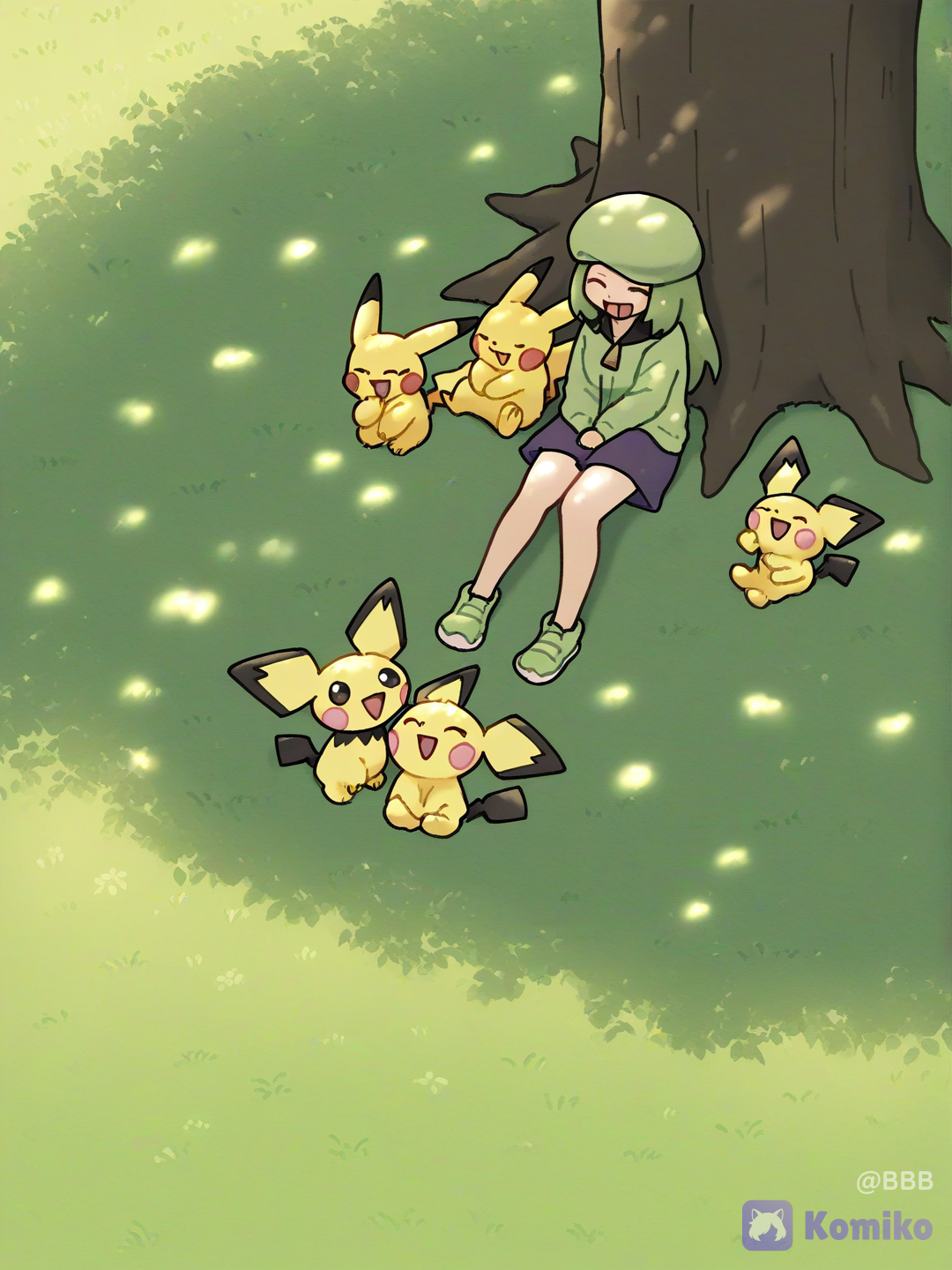 @Pichu, @Pikachu, [pokemon-style], sitting side by side, laughing, smile, full body, from above, wide shot, They were sitting together under a big tree., day, bird's-eye view