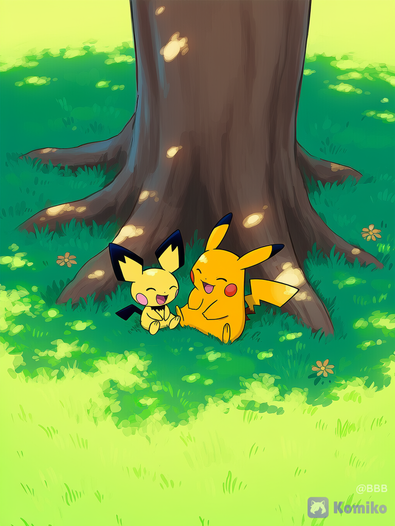 @Pichu, @Pikachu, [pokemon-style], sitting side by side, laughing, smile, full body, from above, wide shot, They were sitting together under a big tree., day, bird's-eye view
