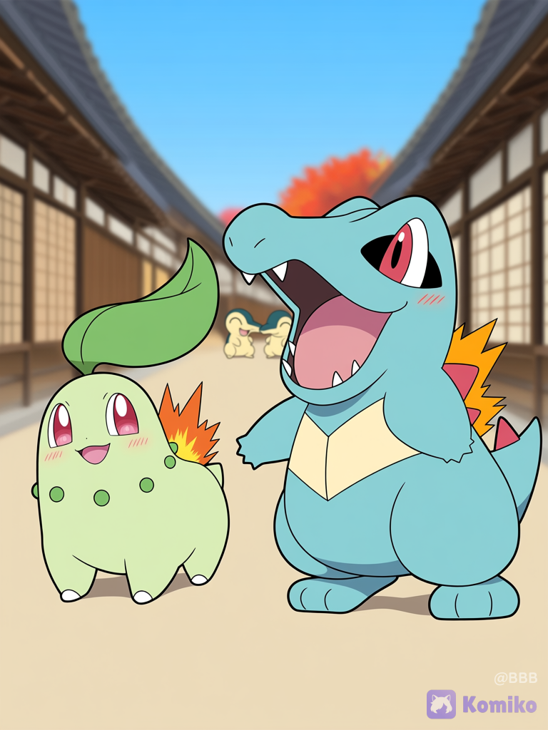 @Chikorita, @Cyndaquil, @Totodile ,Ecruteak City(pokemon johto), laughing, open mouth, The three Pokémon were strolling around the city., full body, panoramic lens, wide shot, day, [pokemon-style]