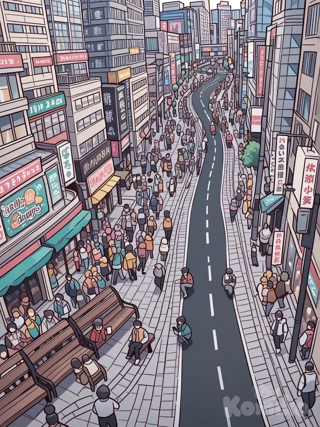 1.(Picture shows a busy street in Dhaka city, crowded with people, autorickshaws, and various shops.)

[Musical instruments playing in the background]

2.[NG (Ng) is sitting in a park, looking at something on his phone. 
3.Chonchol and Raju (Raju

In manga style