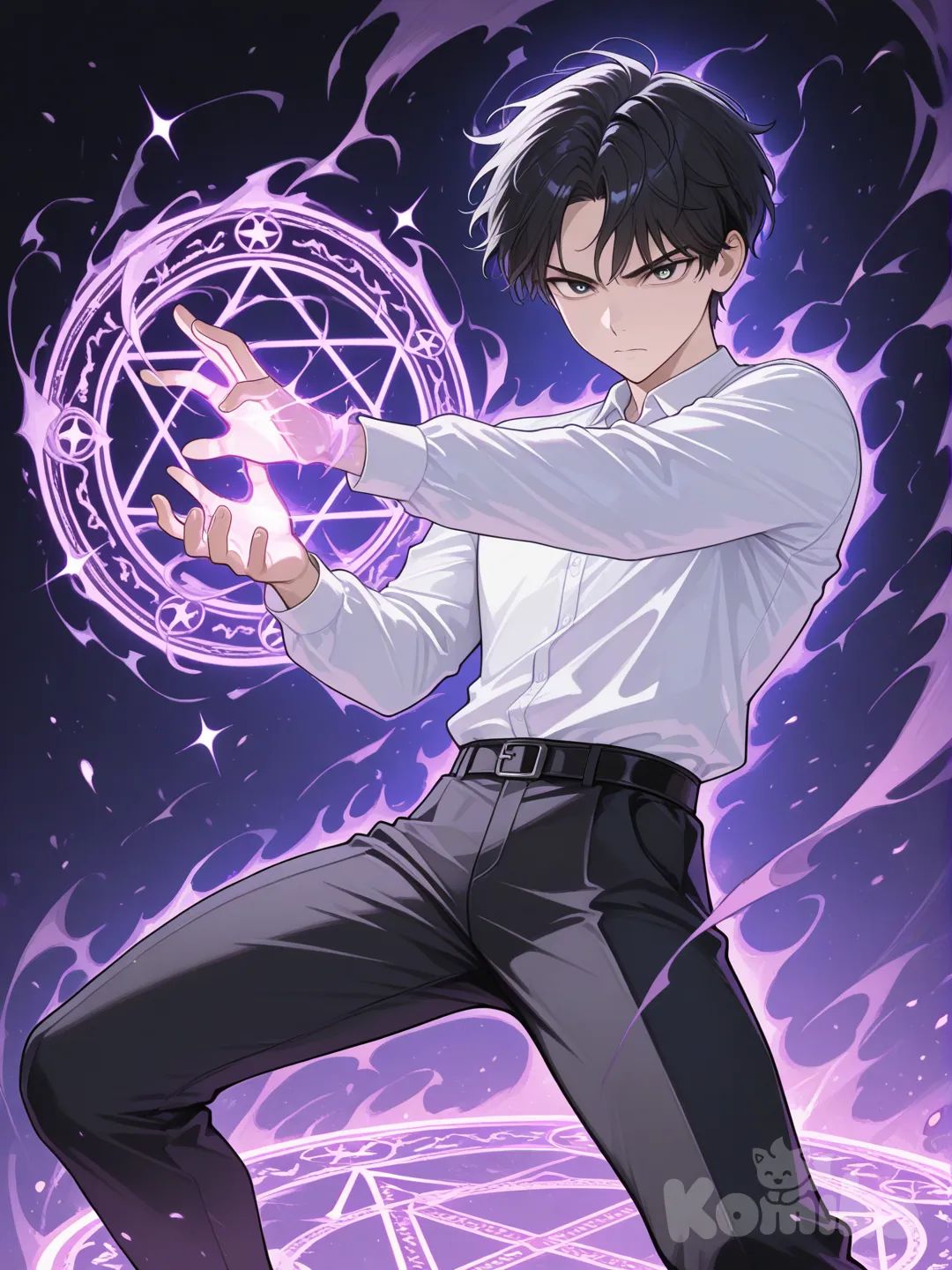 Men's white shirt, black pants, man bun style hair He is casting a powerful magic spell.