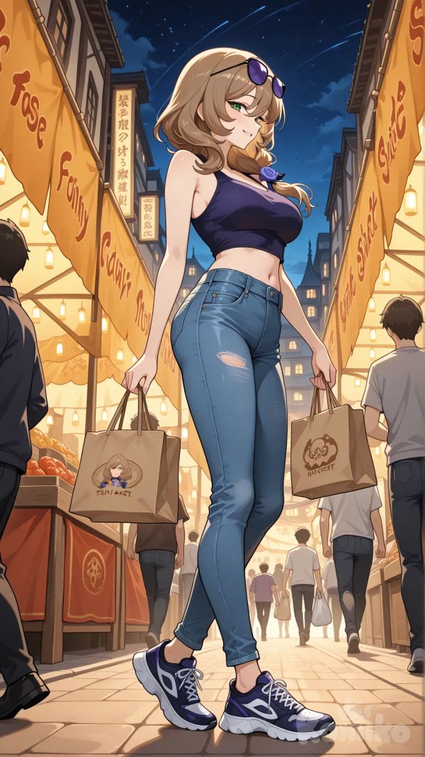 @Lisa_(Genshin_Impact) (big cool sister) 

#big sister style , Very good figure , 

#side view 

 # upper body (Focus on the upper body, from the waist up.)

#looking at viewer #full body#, up view , #full body ,from above , day , funny , relaxed, anime style , 

#cool post

,deep sea blue Thin Cropped tank top , jeans , deep sea blue running shoes , sun glasses

relax , Taking a stroll, walking on a sidewalk , on a midnight sunnyday , in the sreet in night market , It has a view of the sea and beach as a backdrop

now She is currently strolling through the night market amidst the crowds, carrying a bag full of fruit in her hands. Soon, she will return to collect her reward from her boss.