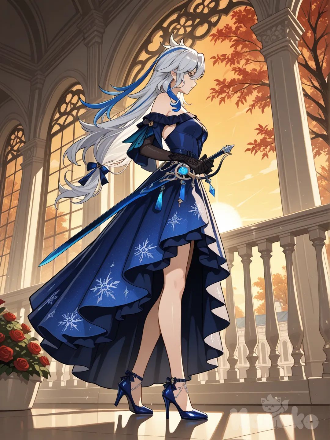 @Neuvillette_(Genshin_Impact) as a woman

#looking at viewer #full body#, up view , 

blue sapphire color dress (the dress is a Off-the-shoulder dress with no shoulder straps) with black Snowflaker pattern, black long gloves 

Carrying a rapier sword(has a black blade and a sharp edge that was as blue sapphire color dress.) at the waist 

The blue high heels are shiny, as if they were made from blue sapphire 

On the bone-white marble balcony on the upper floor of a luxurious French-style mansion, white with a charcoal-colored roof.

Standing and looking at the view of the blood-black rose garden below

Evening view , In the middle of a garden full of maple trees

 ,day ,side profile photo , relaxed, anime style ,

look like a leader and cool women , cold eyes
Evening sunlight