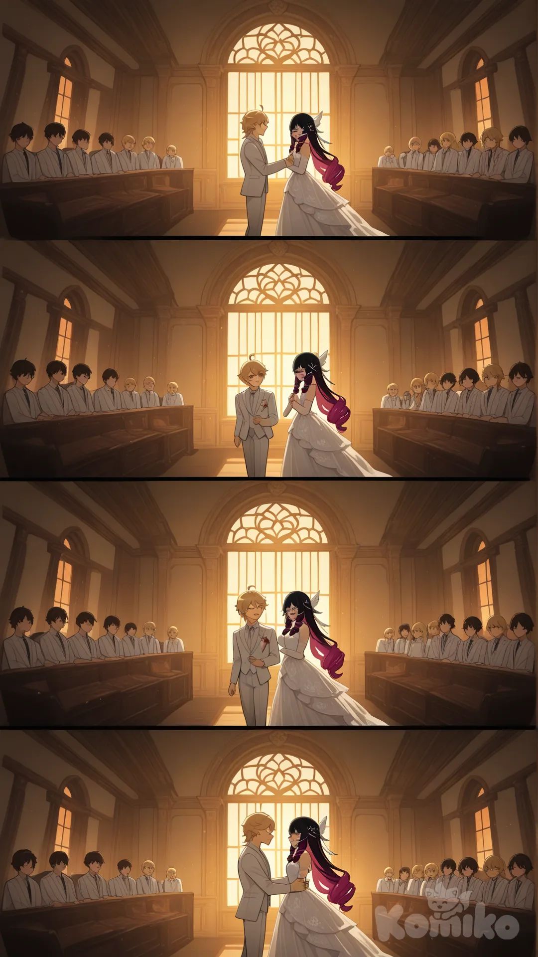 Columbina (Genshin Impact)

Both of them are the wives of Aether (Genshin Impact) 

#after wedding

#white dress for Navia (Genshin Impact)

#white common suite for aether (Genshin Impact)

#A couple's bedroom with off-white interior decor creates a relaxing 

#front view 

#from above , eveing , sunset day ,side profile photo , 

#stand in front of the mirror, wake up , relaxed, anime style , bedroom ,sunny moring, relaxed, happyday , anime style , 

They are happy together as a couple, like husband and wife.
She and he stood embracing in front of the window, watching the many guests who had arrived at their post-wedding celebration.
 aether saw this and happily hugged his wife from behind.