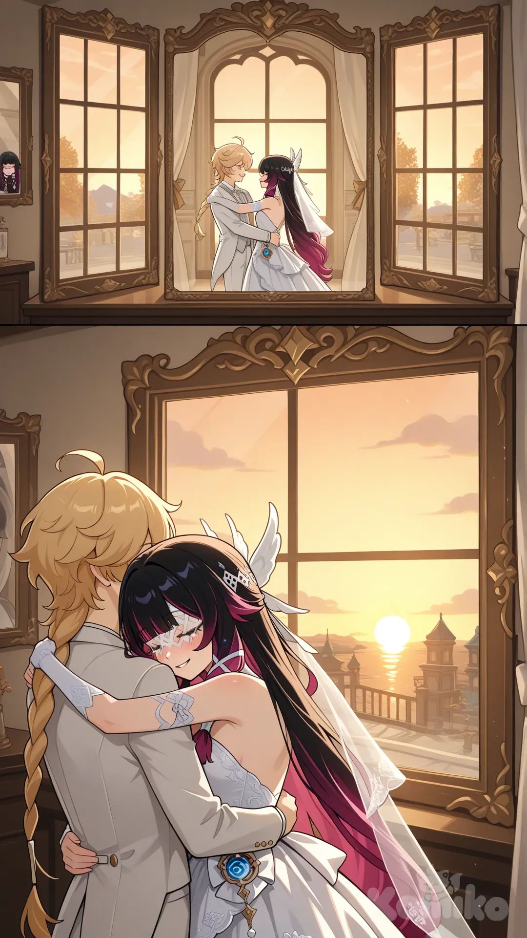 Columbina (Genshin Impact)

Both of them are the wives of Aether (Genshin Impact) 

#after wedding

#white dress for Navia (Genshin Impact)

#white common suite for aether (Genshin Impact)

#A couple's bedroom with off-white interior decor creates a relaxing 

#front view 

#from above , eveing , sunset day ,side profile photo , 

#stand in front of the mirror, wake up , relaxed, anime style , bedroom ,sunny moring, relaxed, happyday , anime style , 

They are happy together as a couple, like husband and wife.
She and he stood embracing in front of the window, watching the many guests who had arrived at their post-wedding celebration.
 aether saw this and happily hugged his wife from behind.