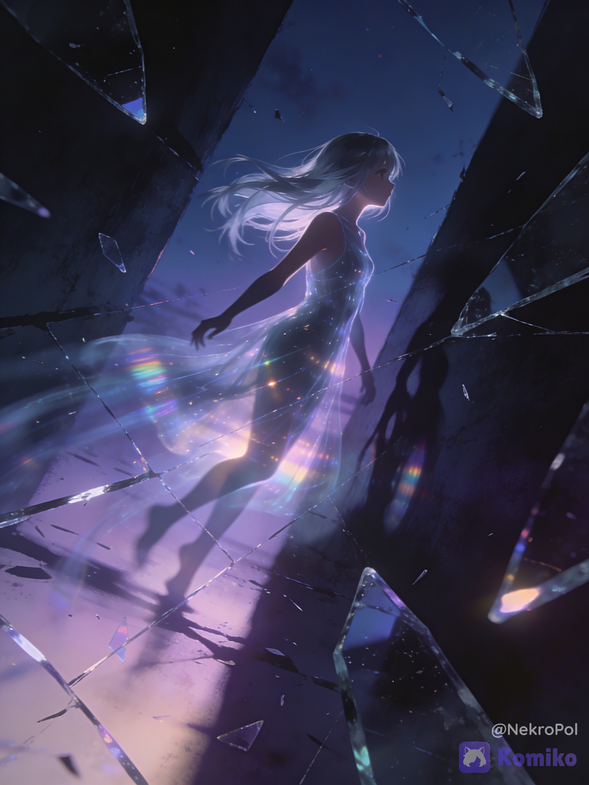 She glides between shadows and glass