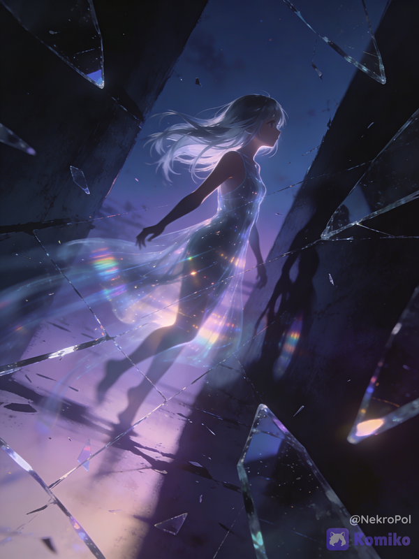 She glides between shadows and glass