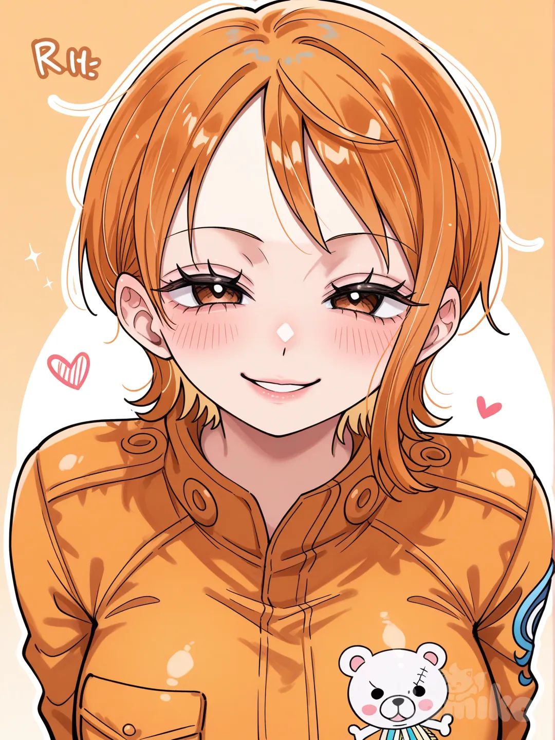 Nami (One Piece) cabello rubio corto, mameluco de oso, sonrrisa coqueta