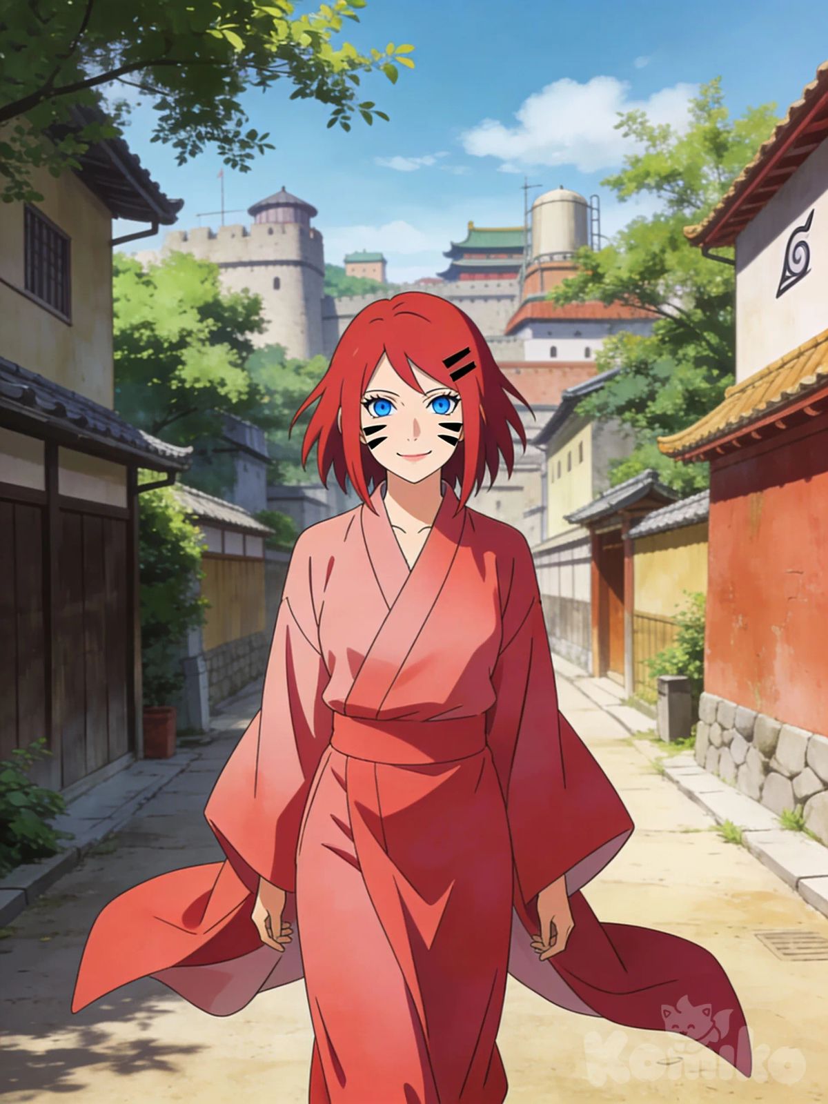 Anime Naruto Minha oc Kira uzumaki 21 anos menina criança cabelo vermelho , olho azul , pele clara , e 3 riscas em cada lado do rosto usando um kimono vermelho claro, passeio na vila da Folha
