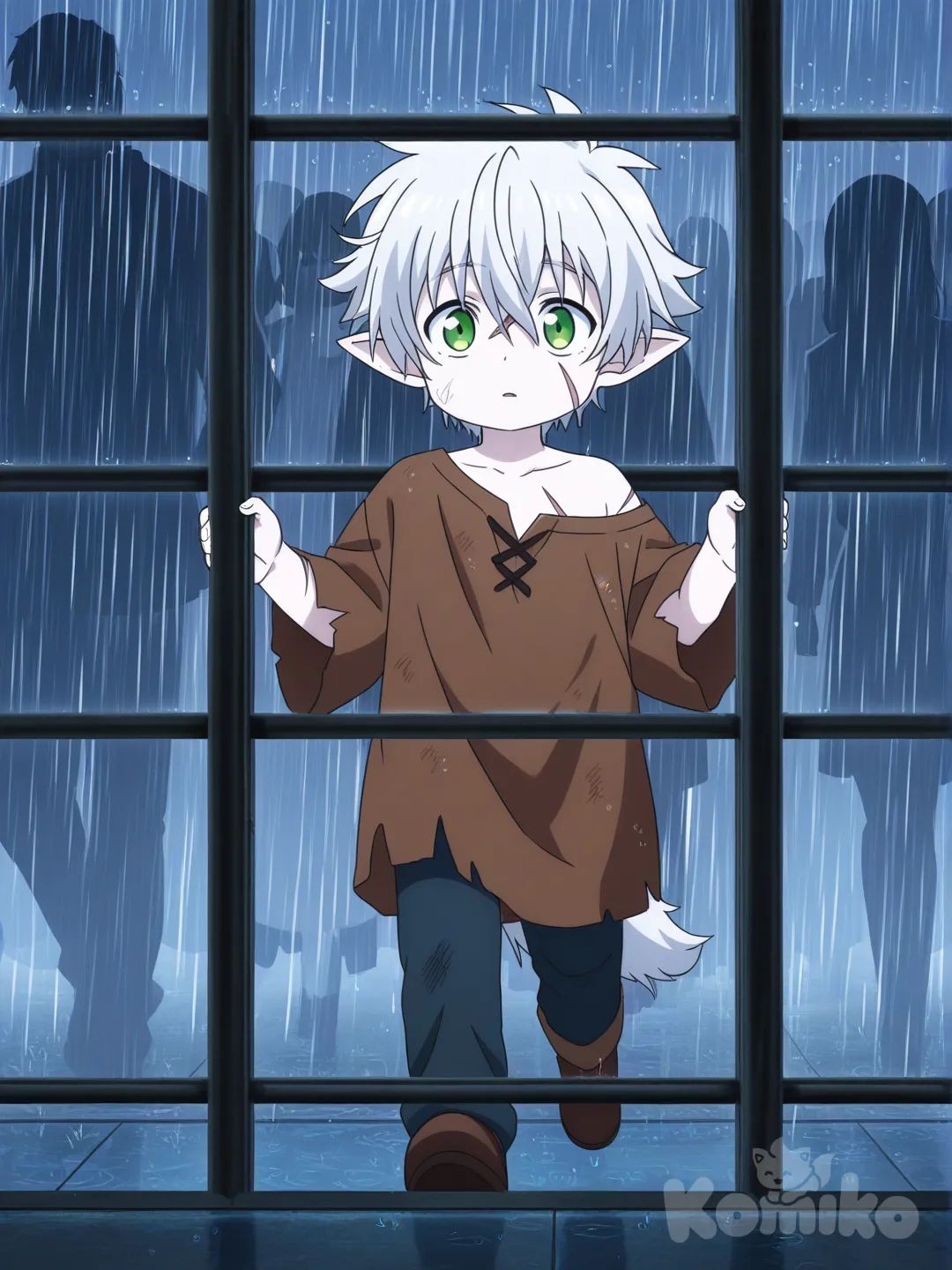 [pop-anime-style] 1boy, child, elf, slim, tall, green eyes, scar, pale skin, messy white hair, brown long shirt, messy clothing, wolf fur clothing, looking out window, cell bars, peeking, rainy street, crowd, people walking, rain, single character, full body, looking at viewer, anime style, simple background, white background