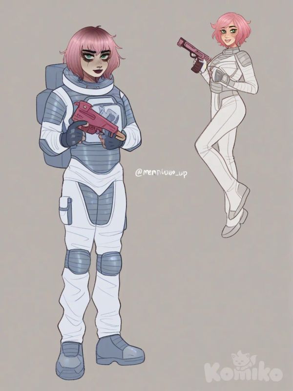 [soft-shaded-moe-style] 1girl, alien girl, hot alien, astronaut suit, sexy spacesuit, cute, boyish haircut, pink hair, short hair, holding alien gun, mature female, slim, curvy, tall, green eyes, pale skin, single character, full body, looking at viewer, anime style, simple background, white background
