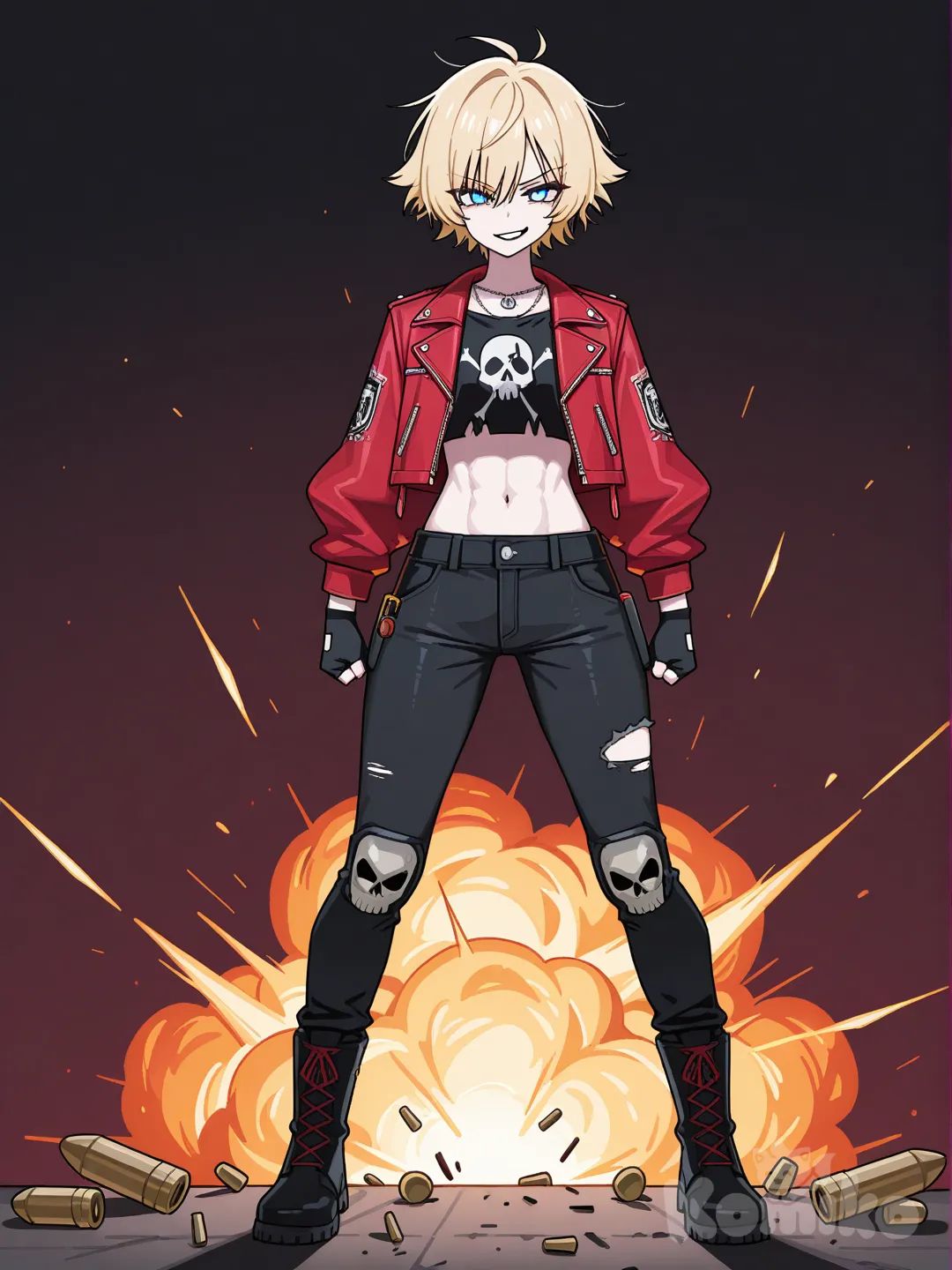 [toon-shaded-style] 1girl, solo, pale_skin, electric_blue_eyes, glowing_eyes, white_blonde_hair, short_hair, messy_hair, uneven_bangs, pink_hair_streak, lean_body, toned_arms, long_legs, sharp_jawline, bold_eyeliner, smirk, black_lipstick, red_lipstick, black_crop_top, skull_print, red_jacket, leather_jacket, torn_sleeves, explosion_patch, tight_cargo_pants, pockets, gadgets, grenades, combat_boots, pink_laces, fingerless_gloves, silver_necklace, bullet_pendant, neon_red_glow, glowing_arms, glowing_clothing, twin_pistols, explosives, bomb, dangerous_pose, confident_expression, explosions_background, vintage_comic, pixel_art, single_character, full_body, looking_at_viewer, simple_background