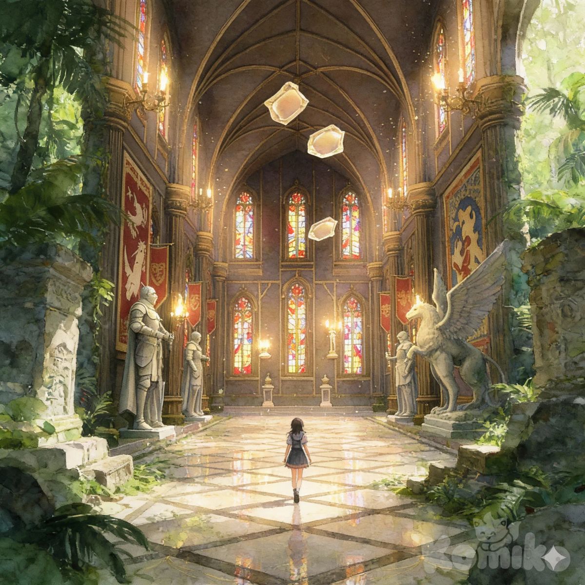 1girl, fantasy world, exploring ancient ruins, lush jungle, watercolor style, Gemini_Generated_Image_xis79wxis79wxis7 era el estilo de mundo en versión MMD HD y 3d anime y sea más el gran salón