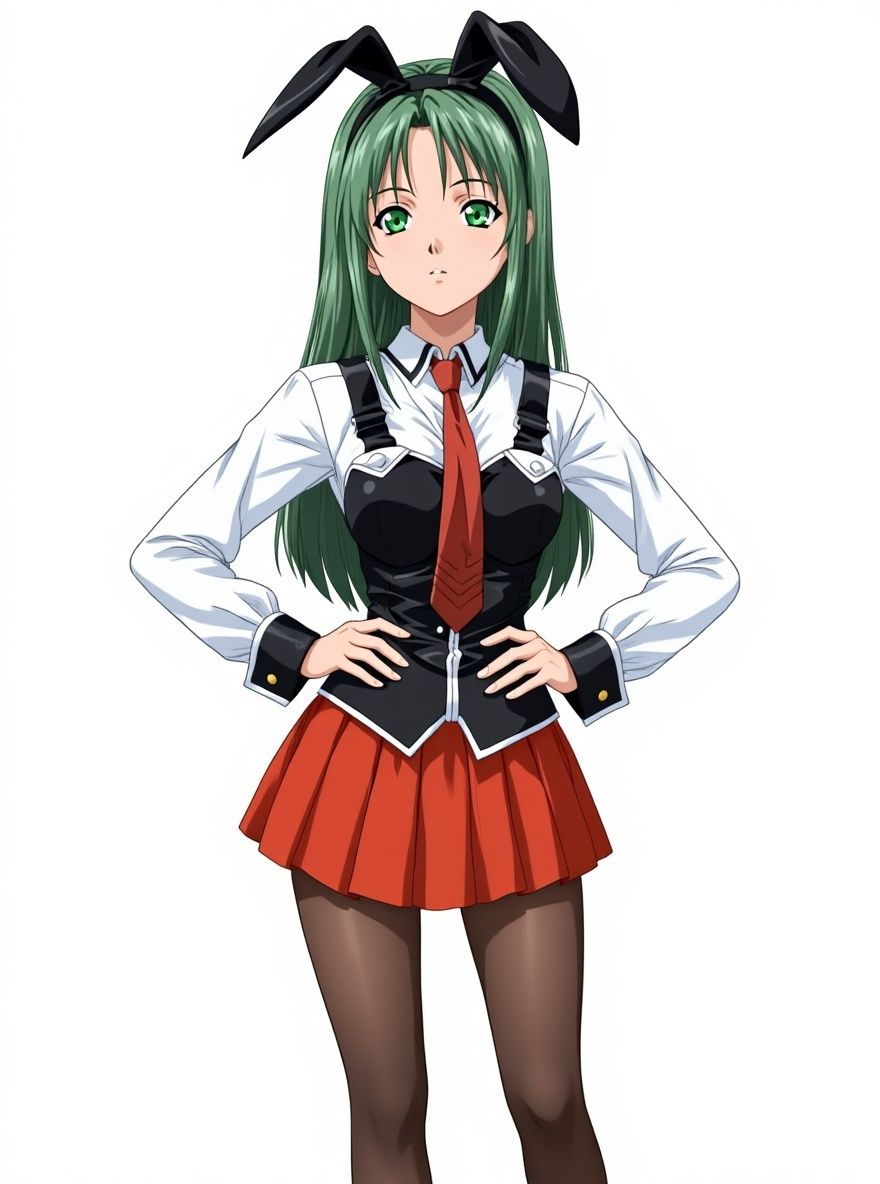 1girl, curvy, long green hair, green eyes, black headband with rabbit ears, white shirt, black corset, red miniskirt, brown stockings, brown shoes, school uniform, single character, full body, looking at viewer, anime style, simple background, white background