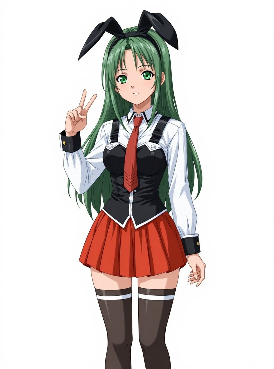 1girl, curvy, long green hair, green eyes, black headband with rabbit ears, white shirt, black corset, red miniskirt, brown stockings, brown shoes, school uniform, single character, full body, looking at viewer, anime style, simple background, white background