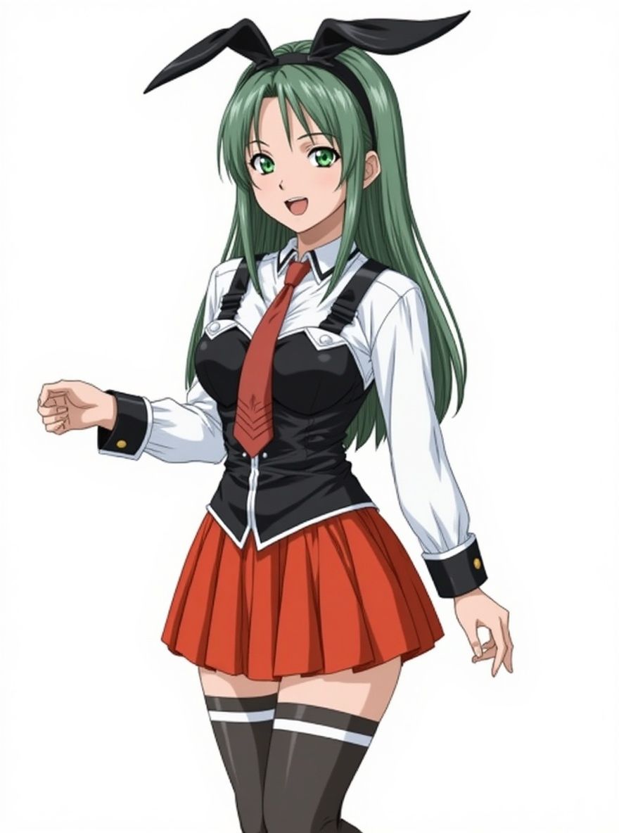 1girl, curvy, long green hair, green eyes, black headband with rabbit ears, white shirt, black corset, red miniskirt, brown stockings, brown shoes, school uniform, single character, full body, looking at viewer, anime style, simple background, white background
