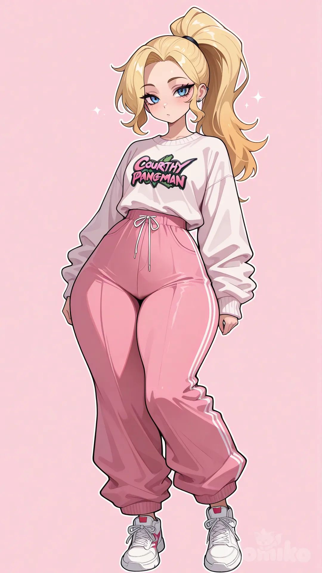 1 girl, long blonde ponytail, blue eyes, pink and white sweater, pink baggy pants (wide hips), white sneakers, high definition, Courtney, ParaNorman