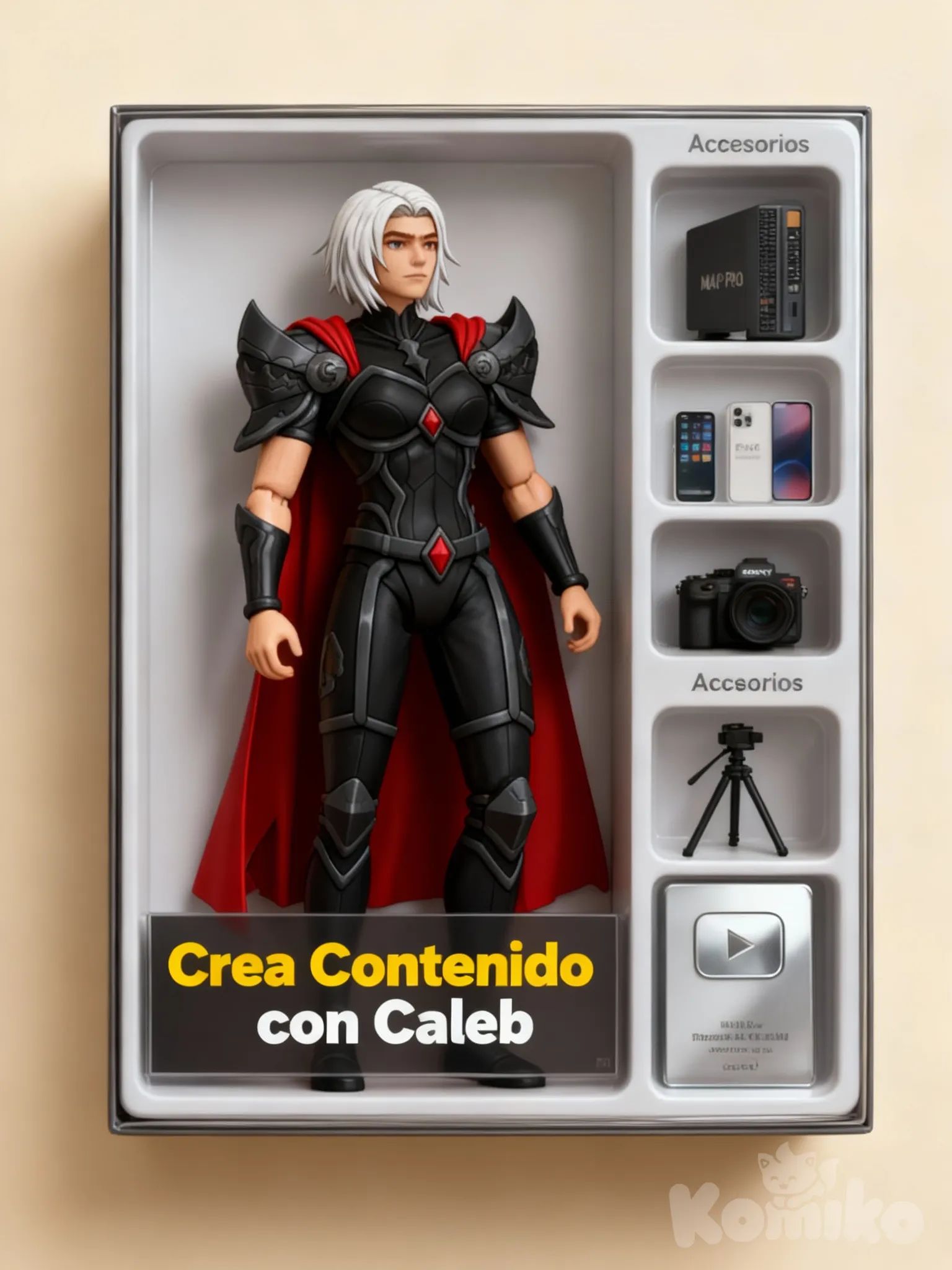 Prompt: Crea una figura de muñeco

coleccionable en un empaque estilo minimalista etiquetado como "Crea Contenido con @eduardgonzaal" siendo de color amarillo las 3 primeras palabras y la última blanca. Básate en la foto adjunta para diseñar mi muñeco: piel clara, complexión mediana y la misma ropa. En una parte del empaque debe aparecer la sección Accesorios que incluyan una MacPro, iPhone 16 Pro Max, cámara Sony, tripié y un placa de Youtube plateada, cada accesorio en su propio compartimento. El fondo del empaque es color Beige.
