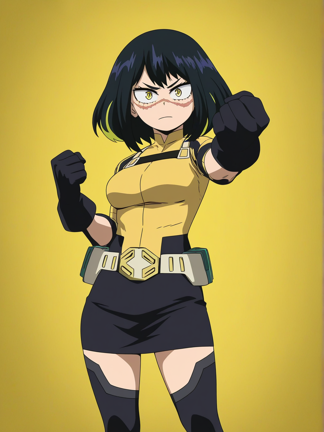 [bright-anime-style] 1girl, my hero academia, solo, original character, teenager, short, black_hair, yellow_highlights, yellow_eyes, scar, cheek_scar, yellow_top, black_stripes, black_skirt, black_gloves, spiked_belt, black_belt, black_tights, yellow_stripes, light_yellow_background, surrounded_by_bees, single_character, full_body, looking_at_viewer, anime_style, simple_background