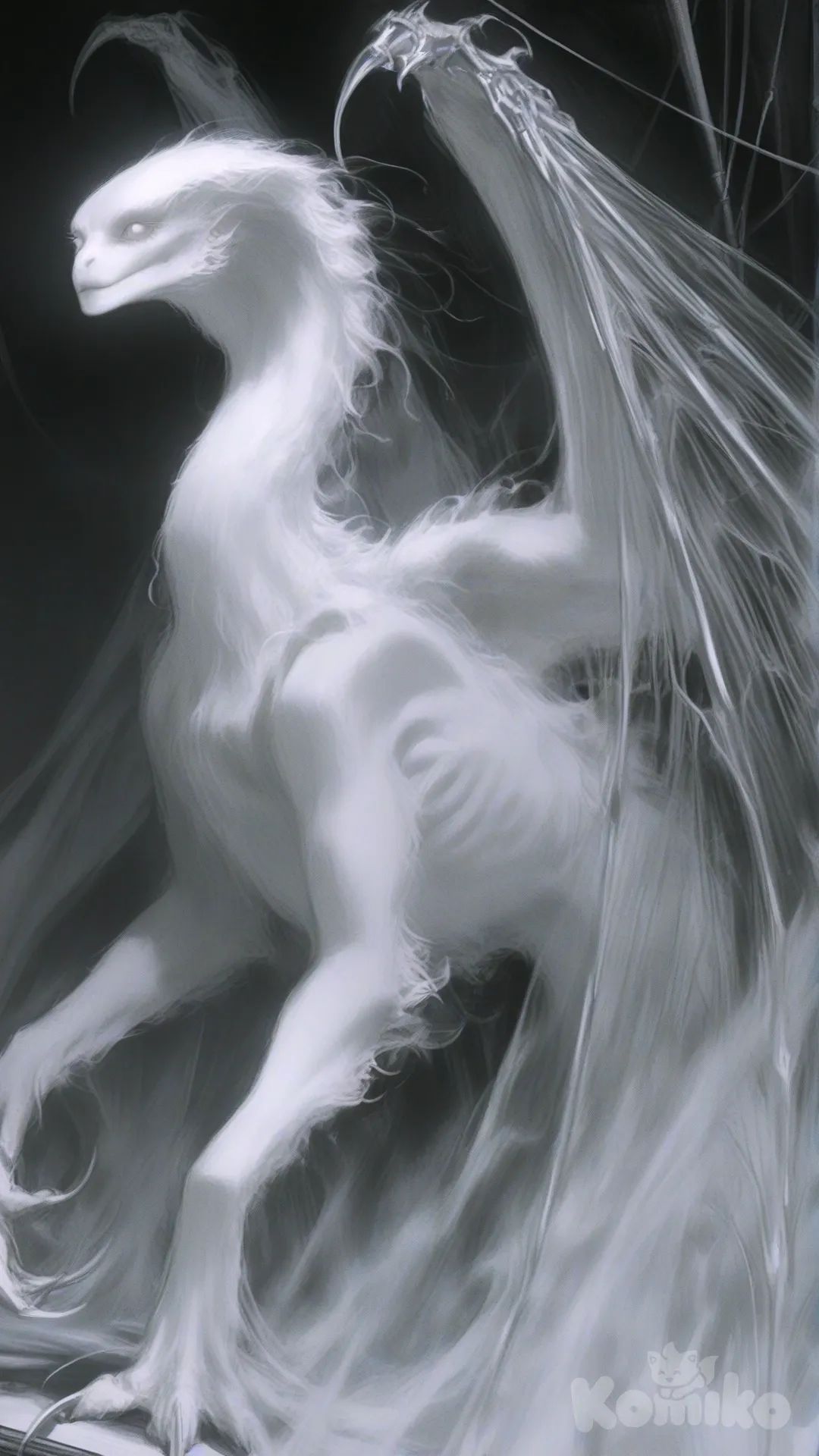 An ancient, alien being with a slender, metallic body, standing upright in a large, sterile laboratory. Its skin is metallic, smooth, and ripples with wave-like patterns that glow with an ethereal light. The being has no mouth or nose, but instead features three glowing white eyes arranged symmetrically on its head, which is distinctly non-human, sleek and angular, with a perfectly smooth face—no facial features like a nose or mouth, but a sharp, intelligent presence. The body is humanoid, elongated, and graceful, with four long, spindly arms ending in delicate, claw-like fingers. Radiant wings extend from its back, glowing with waves of bright, shimmering light. Tubes and cables are connected to various parts of its body, indicating its life support system. The being stands in a majestic, regal posture, with a quiet but unsettling aura, evoking the feeling of being beyond mortal comprehension. The lab is dark and sterile, with the glass container around the body emphasizing the alien and ancient nature of the being. The background is shadowed, highlighting the contrast between the cold machinery and the ethereal presence of the Broker in this form. The being radiates an unsettling aura, as if it is a being that transcends both life and death, awaiting the return of its true consciousness. [semi-realistic-portrait-style]
