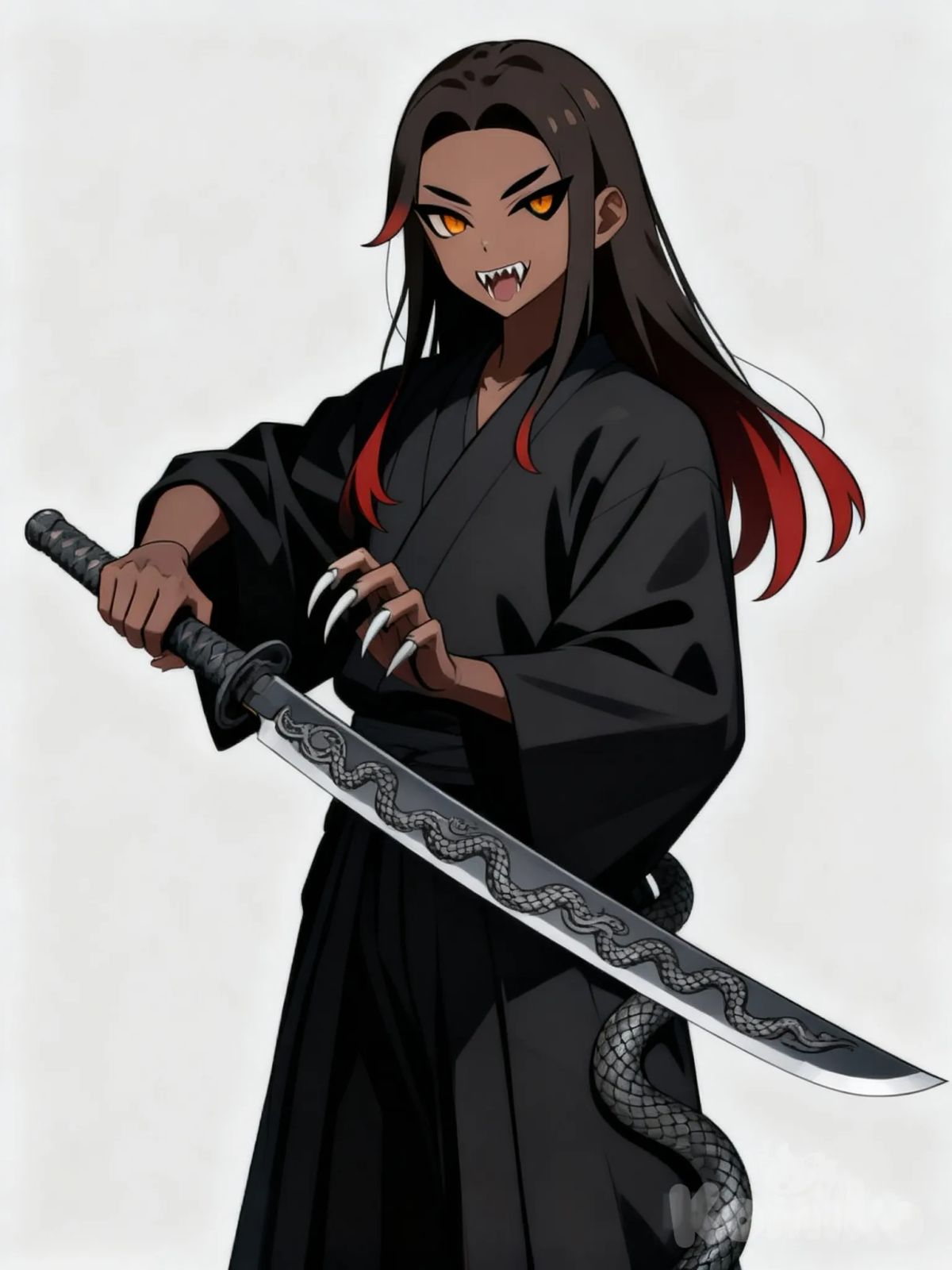 @akitsu-rfaz, claws, fangs, amber eyes with black pupil slits, dark colored kimono, holding dark grey katana with snake patterns on the blade, anime style, standing