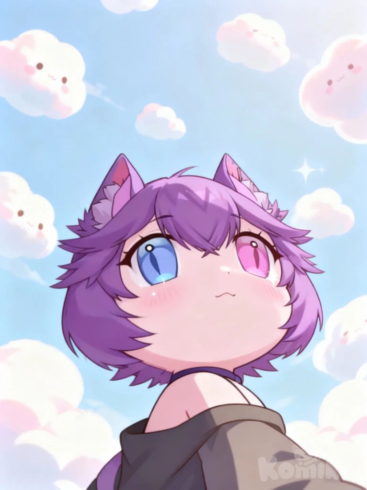 Anime chibi boy, looking upwards with awe and anticipation, wide sparkling eyes, slight blush. The scene is viewed from below. The sky above is filled with fluffy, cute clouds that whimsically resemble soft, pillowy shapes, creating a playful and gentle atmosphere. Pastel colors, soft lighting, high detail.
