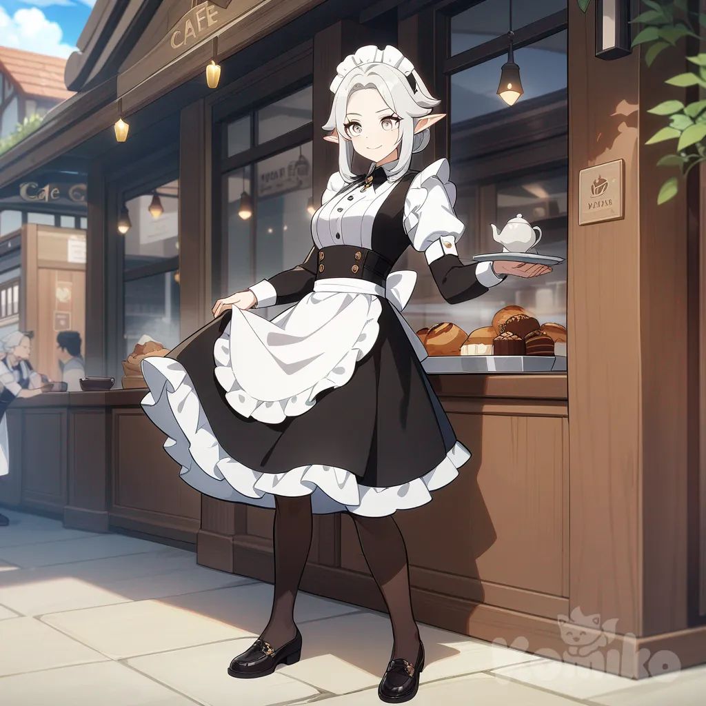 , anime coloring, Genshin Impact style, elf, male mature, smile, silver hair, white eyes, maid, full body, cafe