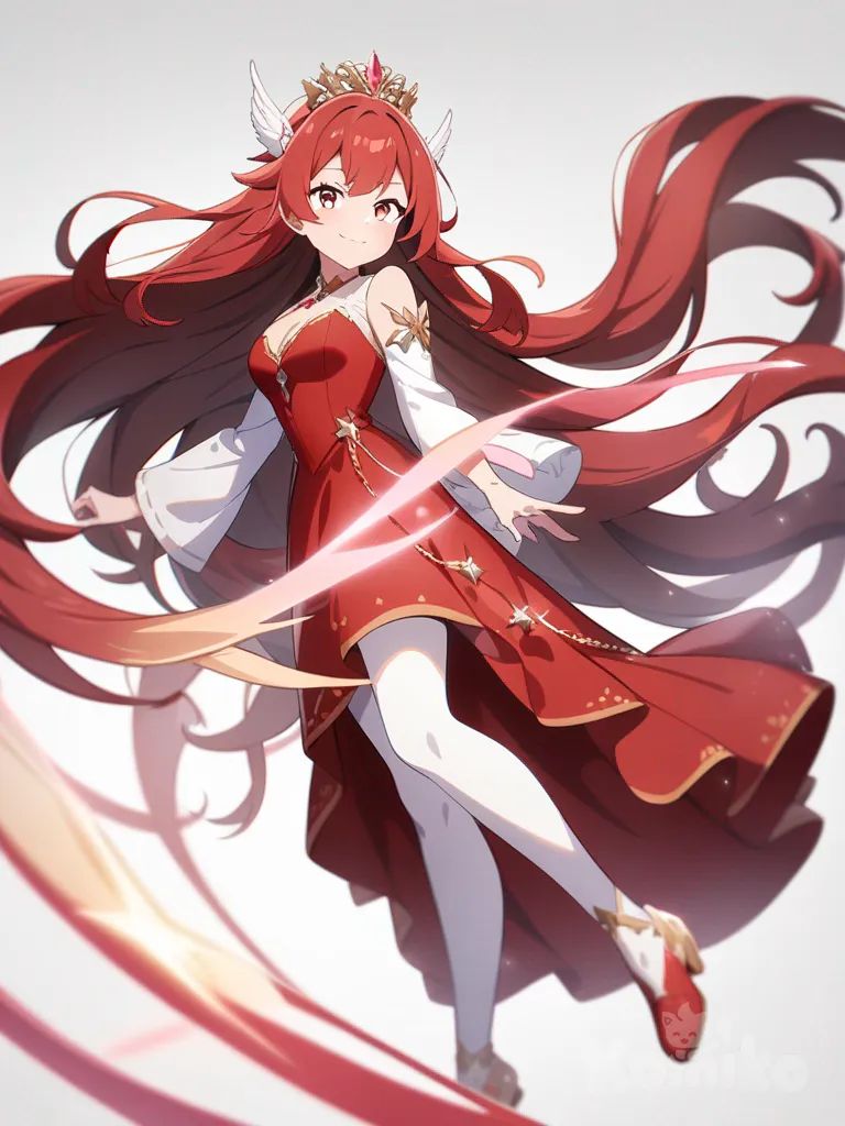 1girl, long flowing hair, wearing a red dress, enchanting smile, magical sparkles around her, single character, full body, looking at viewer, anime style, simple background, white background