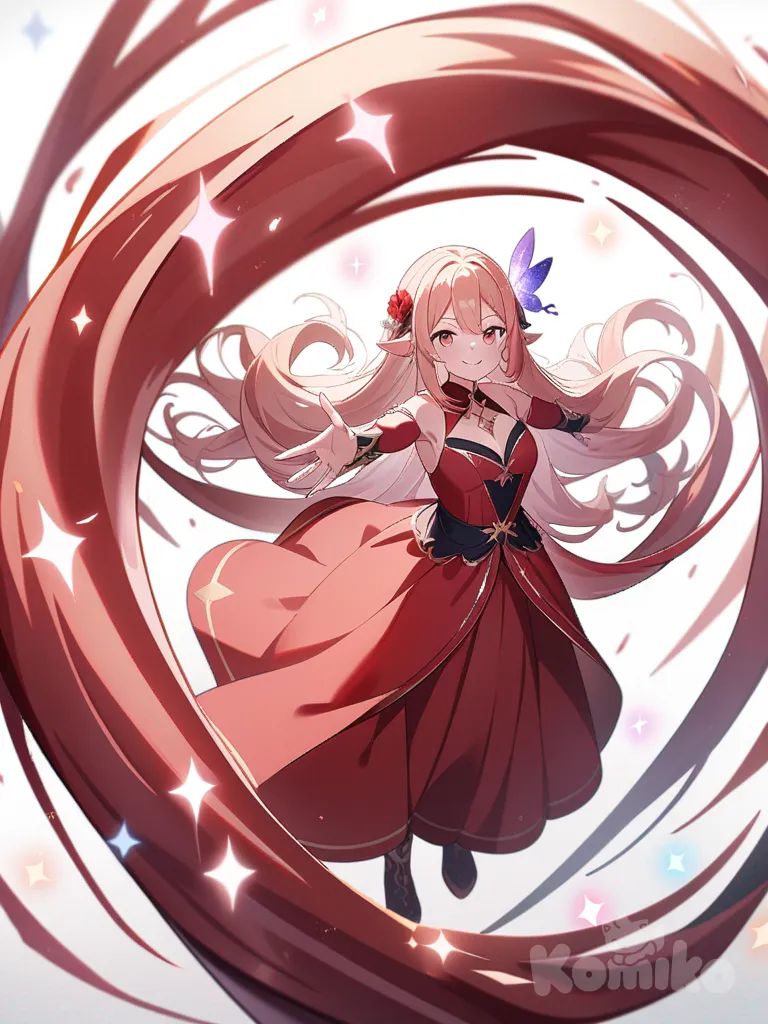 1girl, long flowing hair, wearing a red dress, enchanting smile, magical sparkles around her, single character, full body, looking at viewer, anime style, simple background, white background