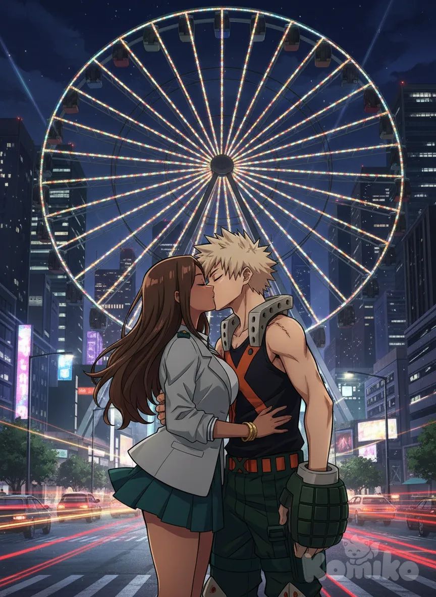 <ayane-hayashi-Tolt>, Bakugou Katsuki, anime coloring, kissing, full body, night, city lights, ferris wheel