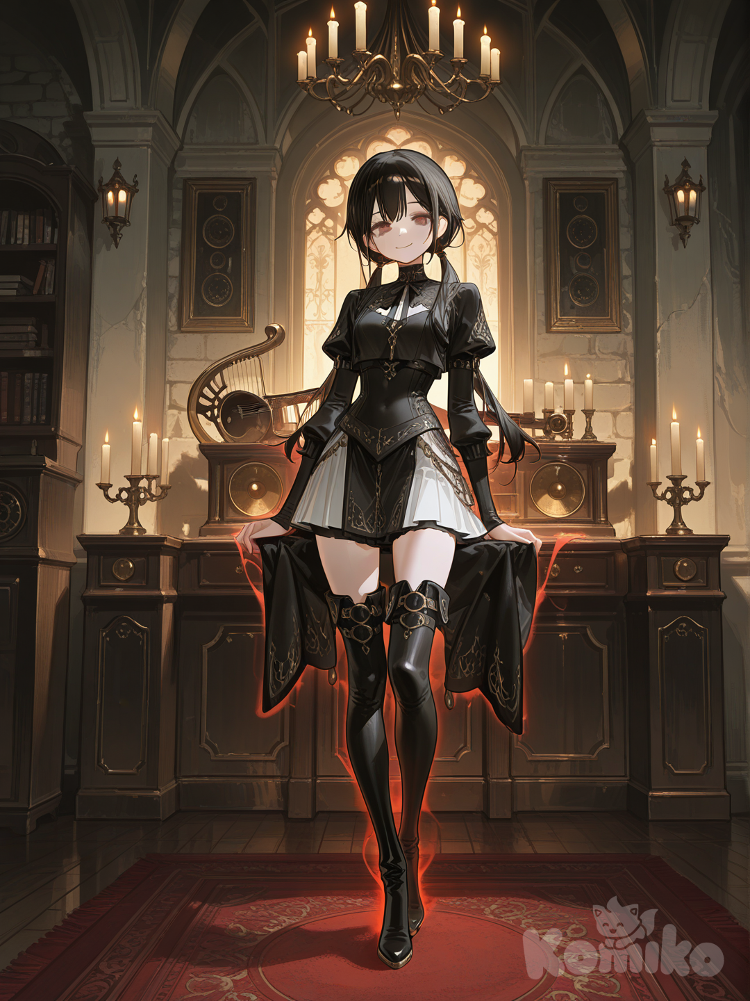 The photo depicts a full-length, athletic young woman with long, vibrant black hair tied back in pigtails. Her brown eyes radiate confidence with a radiant smile a captivating dark fantasy fashion scene, centered on a mysterious young woman standing adorned in a striking all-white ensemble and miniskirt , featuring long, sleek boots, creating an air of intrigue. The scene unfolds within a dimly-lit, gothic-style room, bathed in the warm, inviting glow of a majestic chandelier and the gentle flicker of candlelight, which dances across aged stone walls and intricate tapestries, adding depth and texture to the atmosphere. Ethereal musical notes gracefully swirl around her feet, intertwined with the delicate text "Luis Arcy," forming an enchanting aura, all set against a backdrop of deep crimson hues and a palpable sense of timeless elegance, anchored by a richly patterned Persian rug beneath her feet. The background features ornate bookshelves filled with ancient tomes and scattered, antique musical instruments, completing the scene’s opulent, mysterious charm