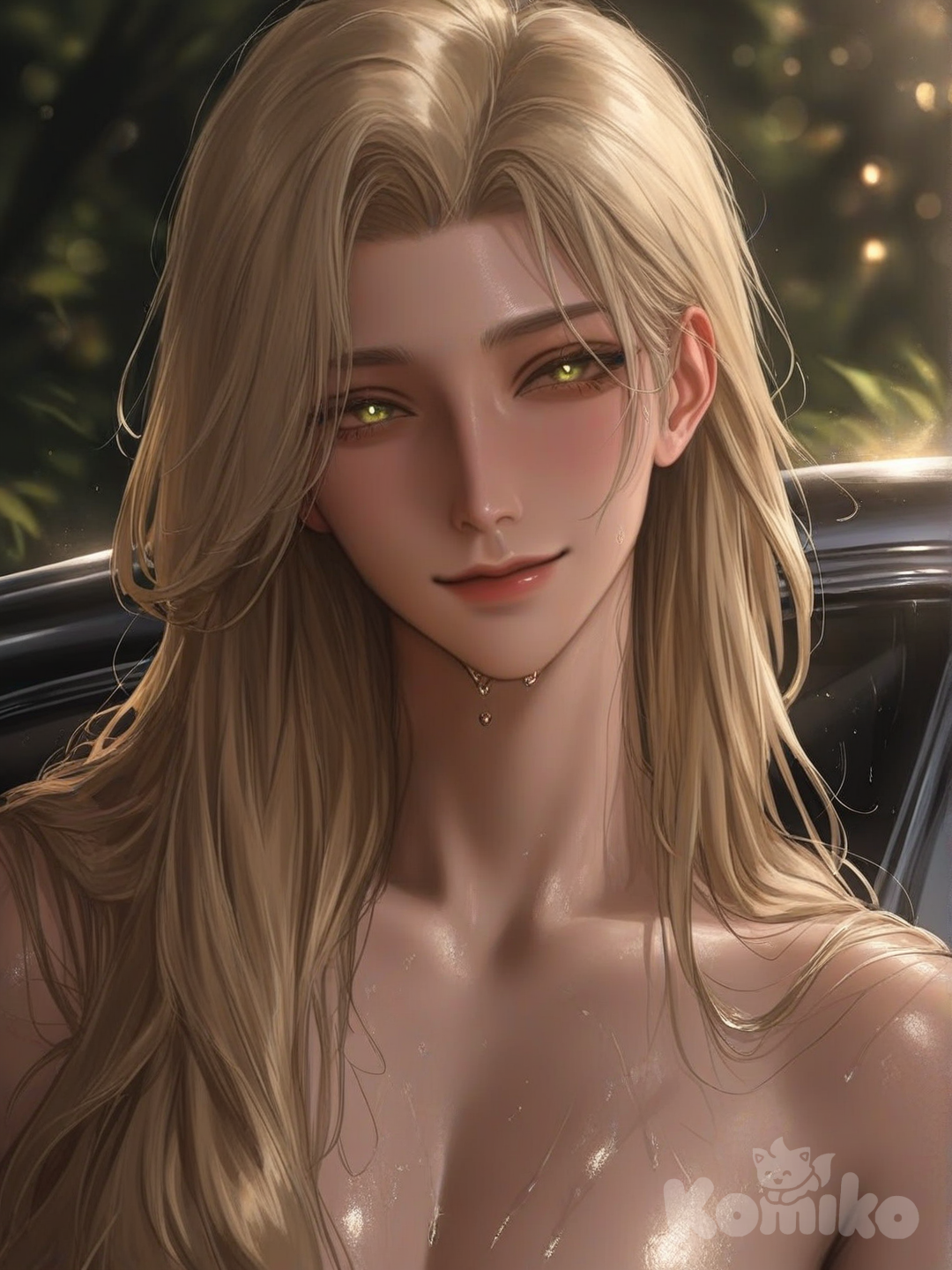 A photograph in the style of Annie Leibovitz portrays a radiant 25-year-old woman with flowing, super-long straight blonde hair and luminous brown eyes, her confident smile captivating the viewer as she stands gracefully atop the hood of a sleek, modern car. A mesmerizing cascade of liquid light descends from above, bathing her skin in shimmering droplets and creating dramatic lighting effects, while elegant musical notes and the golden script displaying "Luis Arcy" gently rest at her feet. The background features a vibrant forest with lush emerald foliage, illuminated by warm, dappled golden hour sunlight filtering through the canopy, all rendered with a shallow depth of field to create a dreamy bokeh effect and emphasize the woman’s presence within the enchanting woodland.