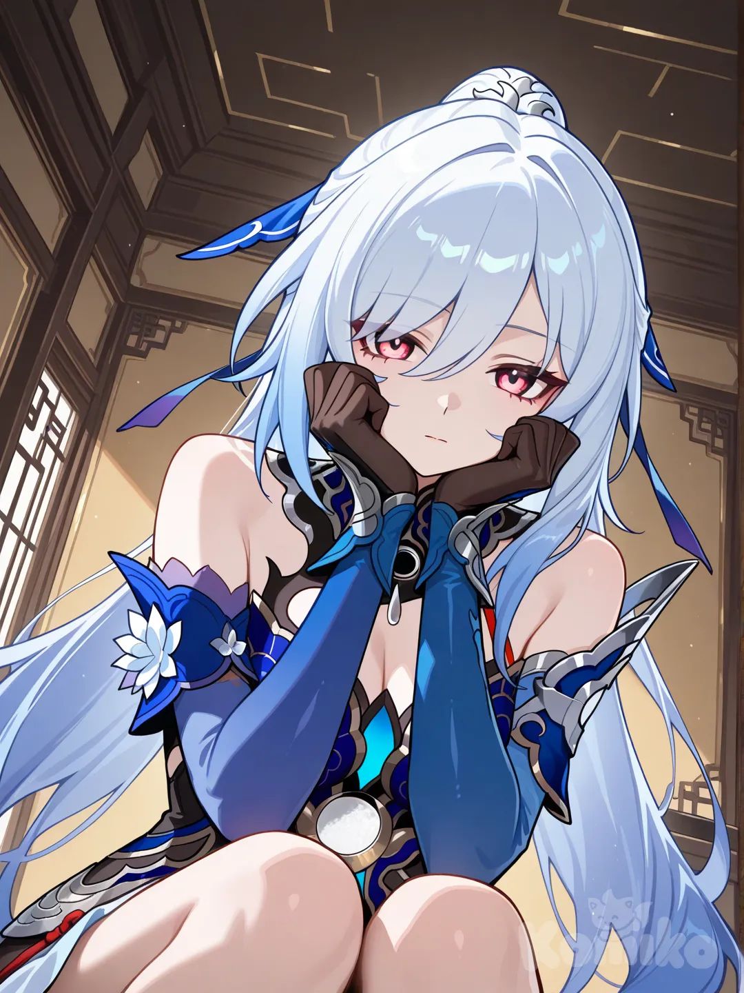 @Jingliu_(Honkai:Star_Rail), indoors, sitting, hands on own cheeks, look at biewer, pupils, dramatic angles, elbow gloves, off shoulder