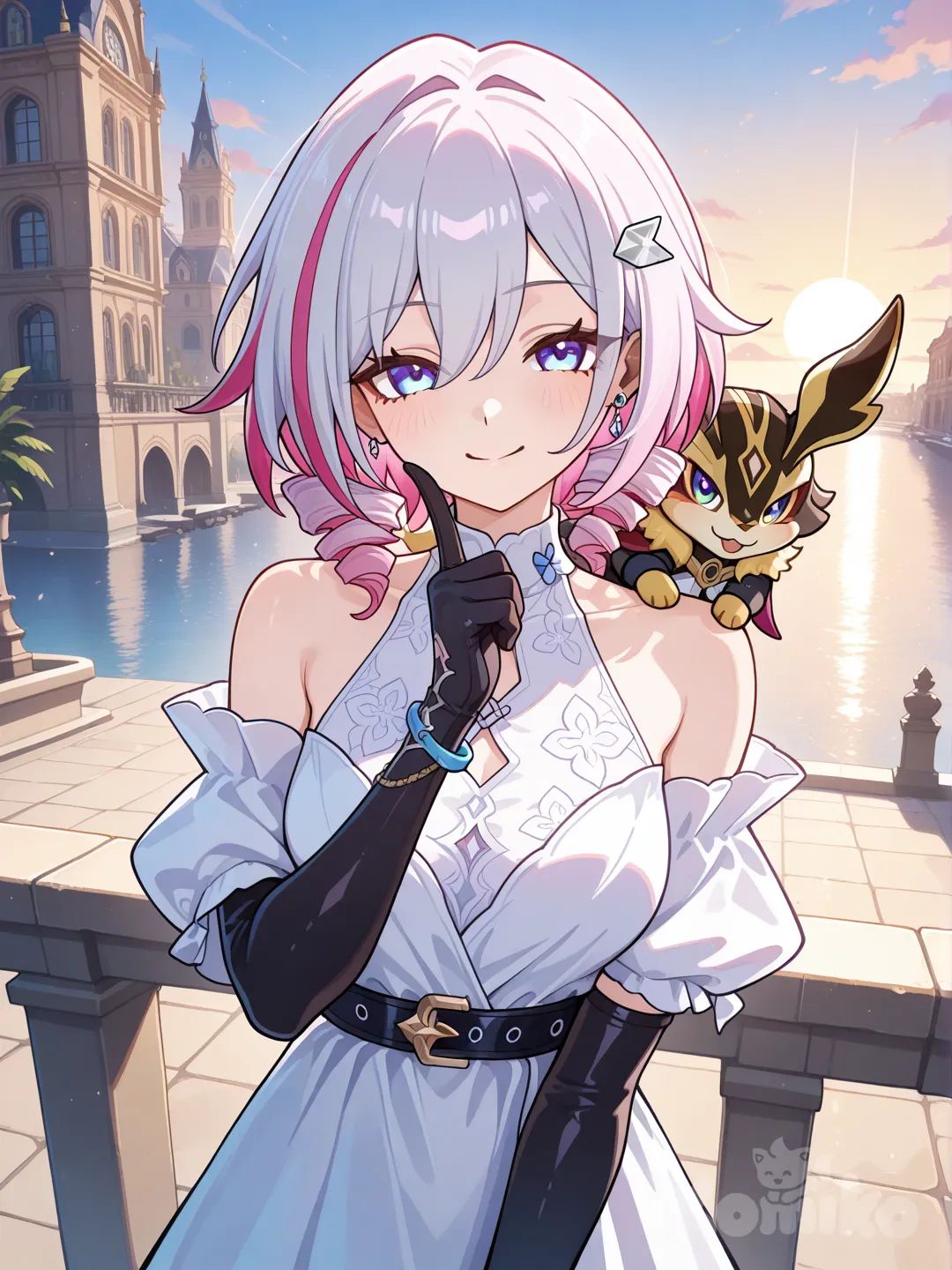 @Topaz_(Honkai:Star_Rail), playfull, 1 trotter climb on her shoulder, outdoor, off shoulders dress, elbow gloves