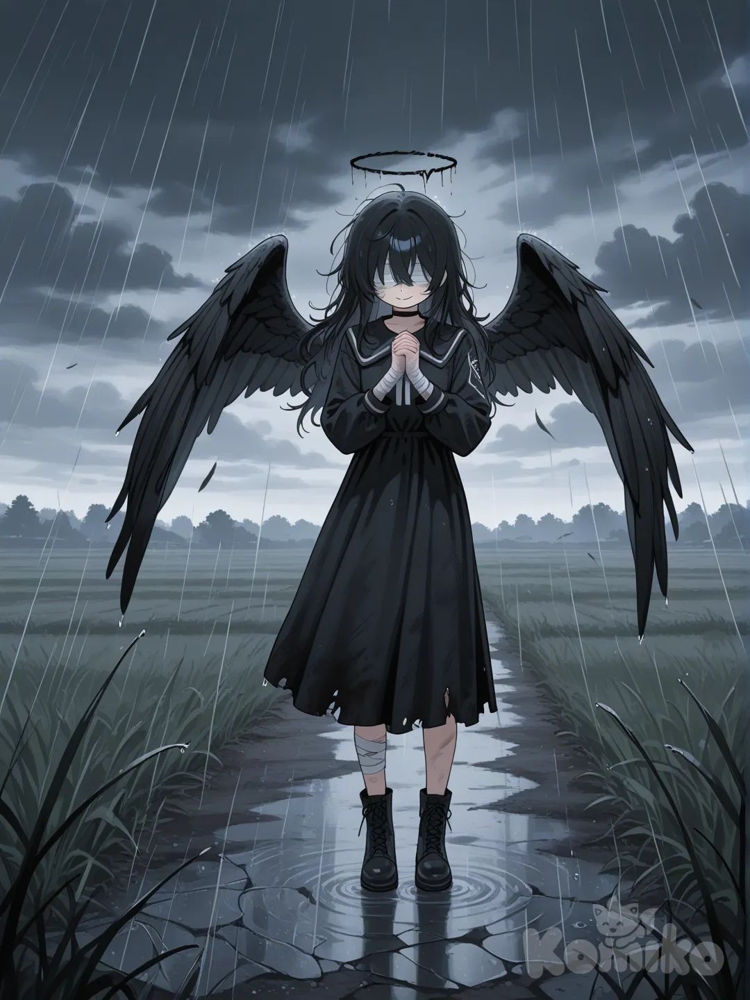 female, angel, bandaged both eyes, a mysterious calm smile, black slightly dirty clothes, dress to the feet, hands in prayer, dark hair, slightly disheveled hair, the black halo is cracked, wings is black, rainy location, rainy field, stands in the distance, the sky is cracked