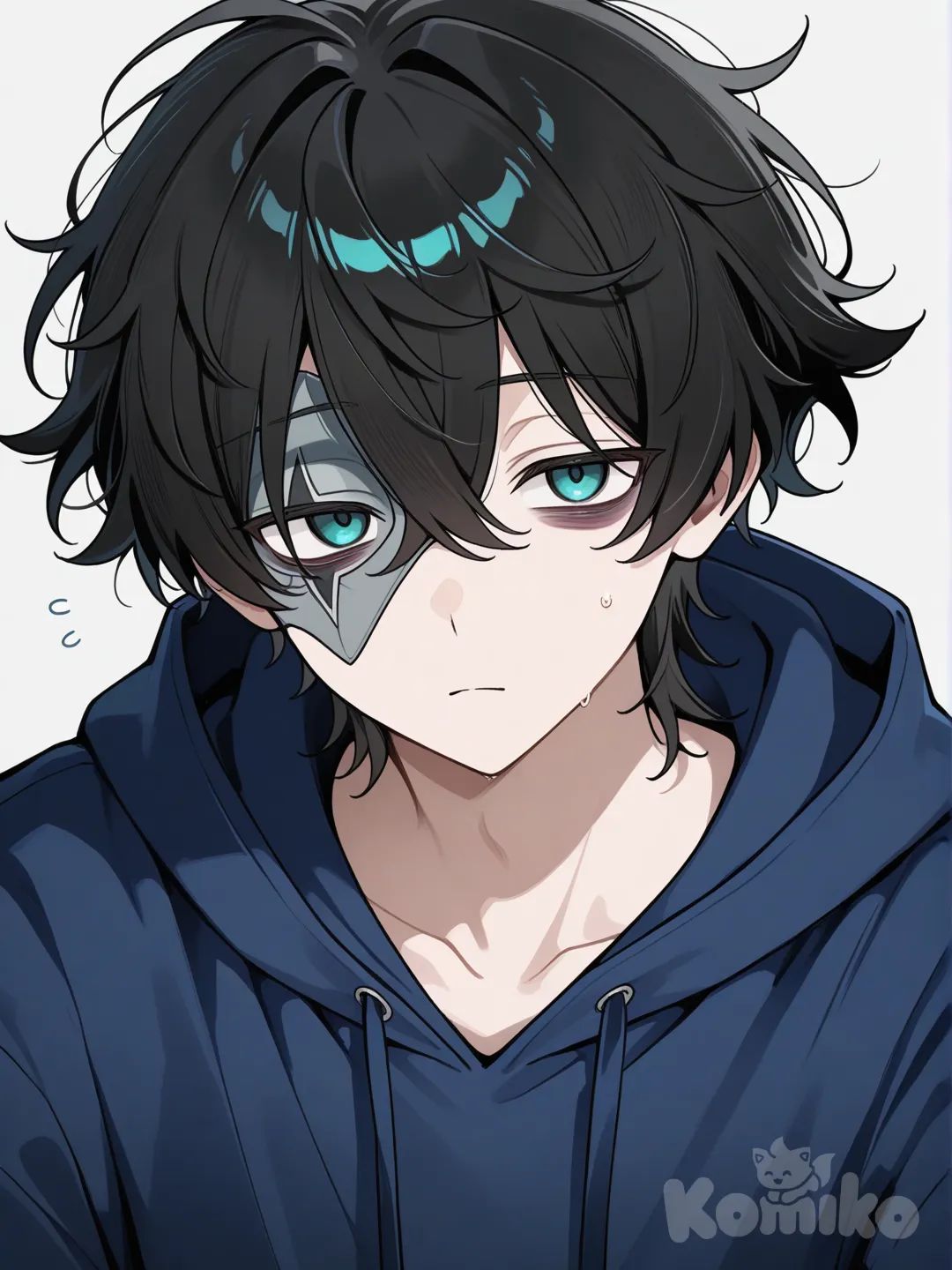 male, black tousled hair, turquoise eyes, the right half of the mask on the face, gray mask, pouches under the eyes, dark blue hoodie