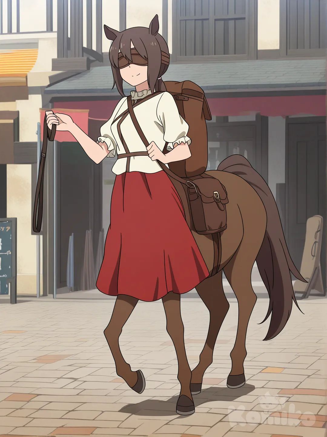 [flat-anime-style],ケンタウロス娘,茶髪,ロングヘア,ポニーテール,馬耳,ライトブラウンの革の目隠し,ベージュの服,赤のスカート,ハーネス,首輪,リード,首輪にリードが繋がっている,リードで引っ張れている,鞍,鞍に荷物を載せている,背中に荷物を載せている,笑顔,前進している、左手に荷物袋、右手にブラウンの革のカバン、中世ヨーロッパ、商店街、石畳