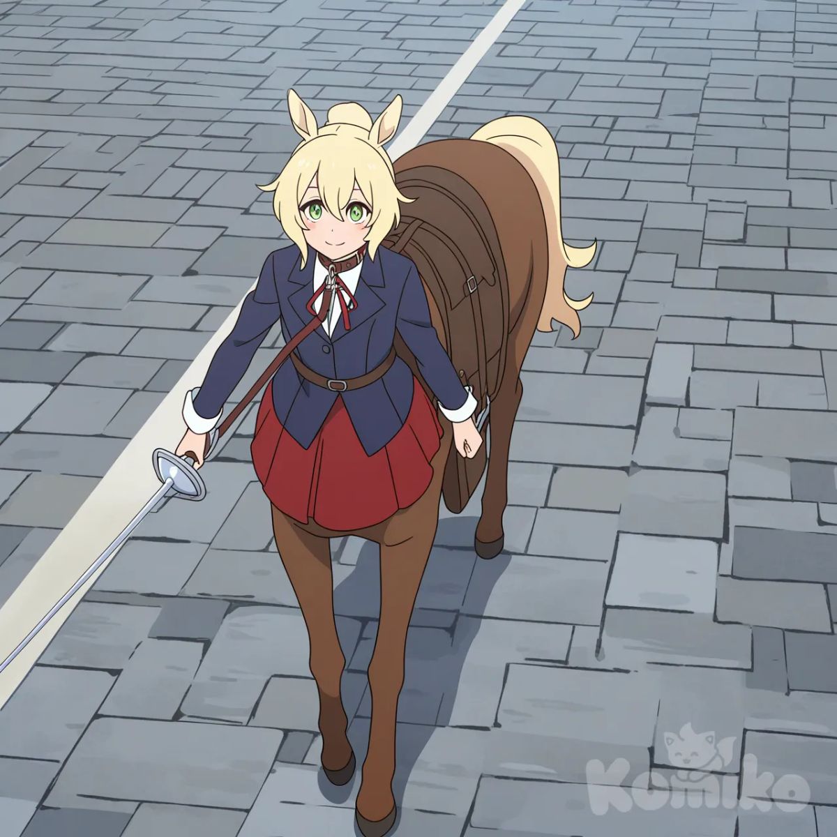 [flat-anime-style],ケンタウロス娘,茶髪,ロングヘア,ポニーテール,馬耳,ライトブラウンの革の目隠し,ベージュの服,赤のスカート,ハーネス,首輪,リード,首輪にリードが繋がっている,リードで引っ張れている,鞍,鞍に荷物を載せている,背中に荷物を載せている,笑顔,前進している、左手に荷物袋、右手にブラウンの革のカバン、中世ヨーロッパ、商店街、石畳, 1boy, 金髪、wavy hair,green eyes,short hair,身長170センチ,イケメン,紺色のブレザー,ブーツ,右腰にレイピアを帯刀している,ケンタウロス娘の前方にいる,右手でケンタウロス娘の首輪のリードを持っている,ケンタウロス娘の首輪のリードを引っ張ている,前進している,正面を向いてる,笑顔,右斜め上のアングル